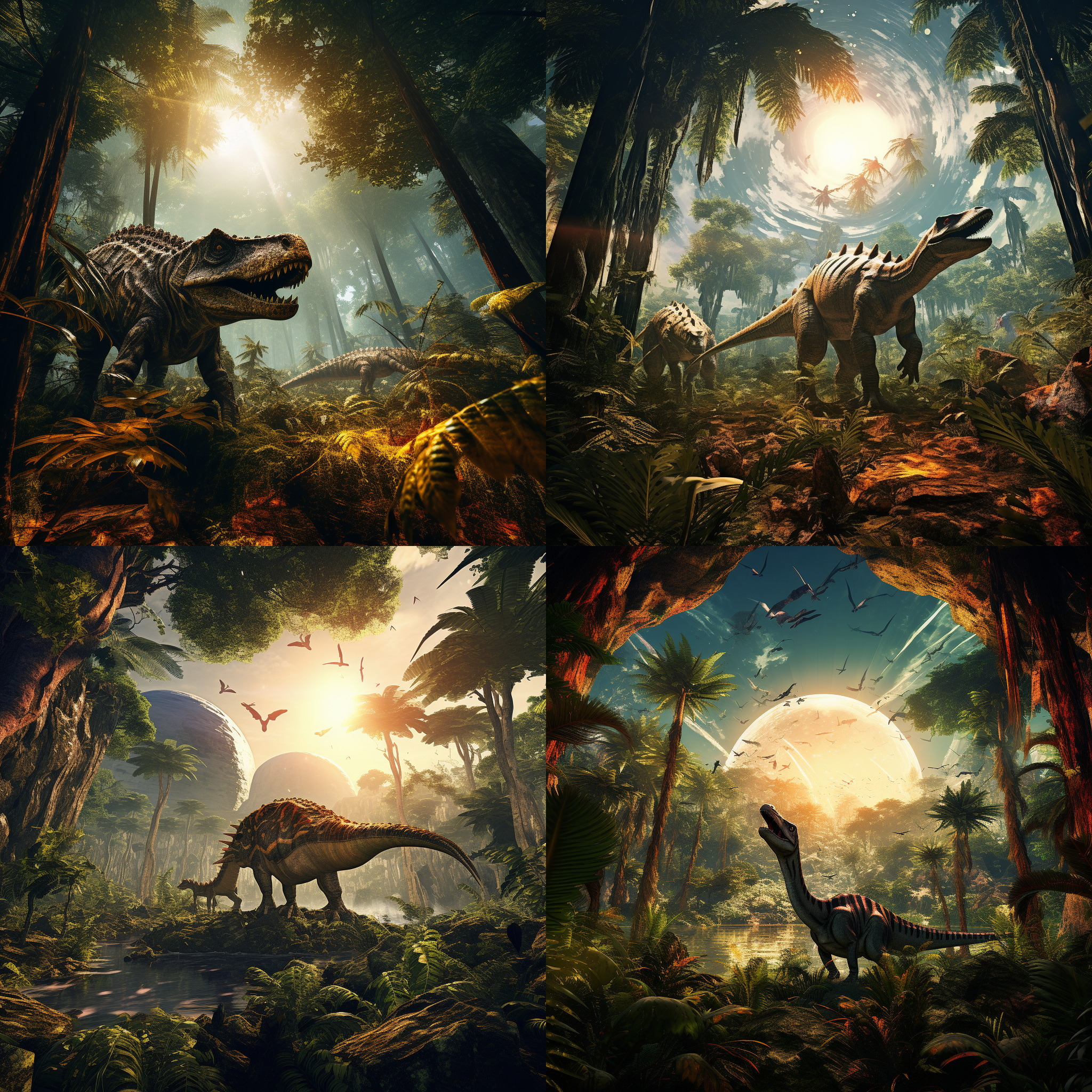 恐龙星球，古树林立，鎏金线条，广角透视，茂密森林，远古生物，金属光泽，超现实风格，全景视角，自然光，神秘氛围，动态模糊，奇幻色彩，震撼感。
