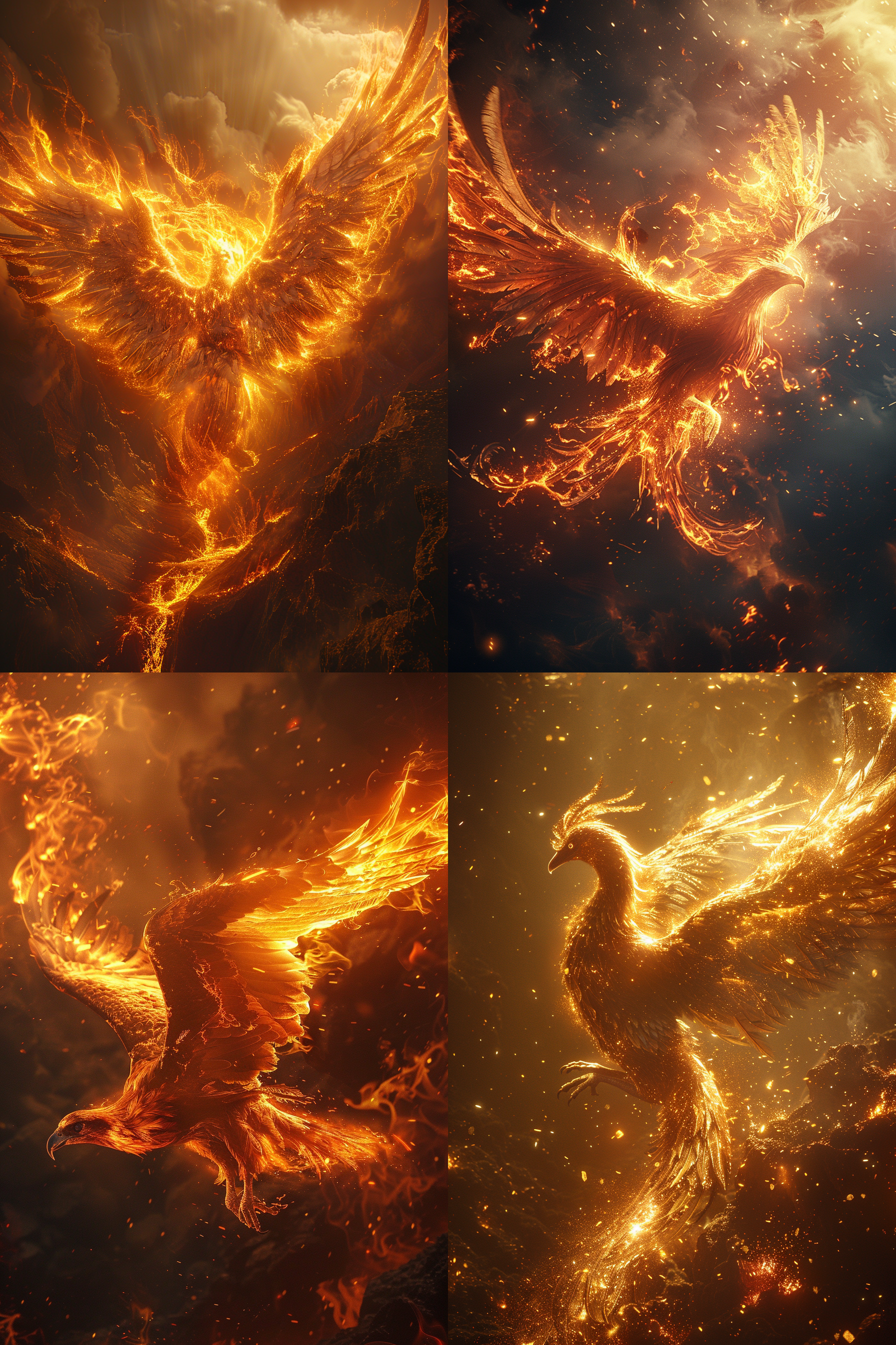 凤凰涅槃浴火重生，中心构图，史诗级场景，火山口，金红色调，长焦镜头，逆光，慢快门，火焰环绕，庄严，重生。