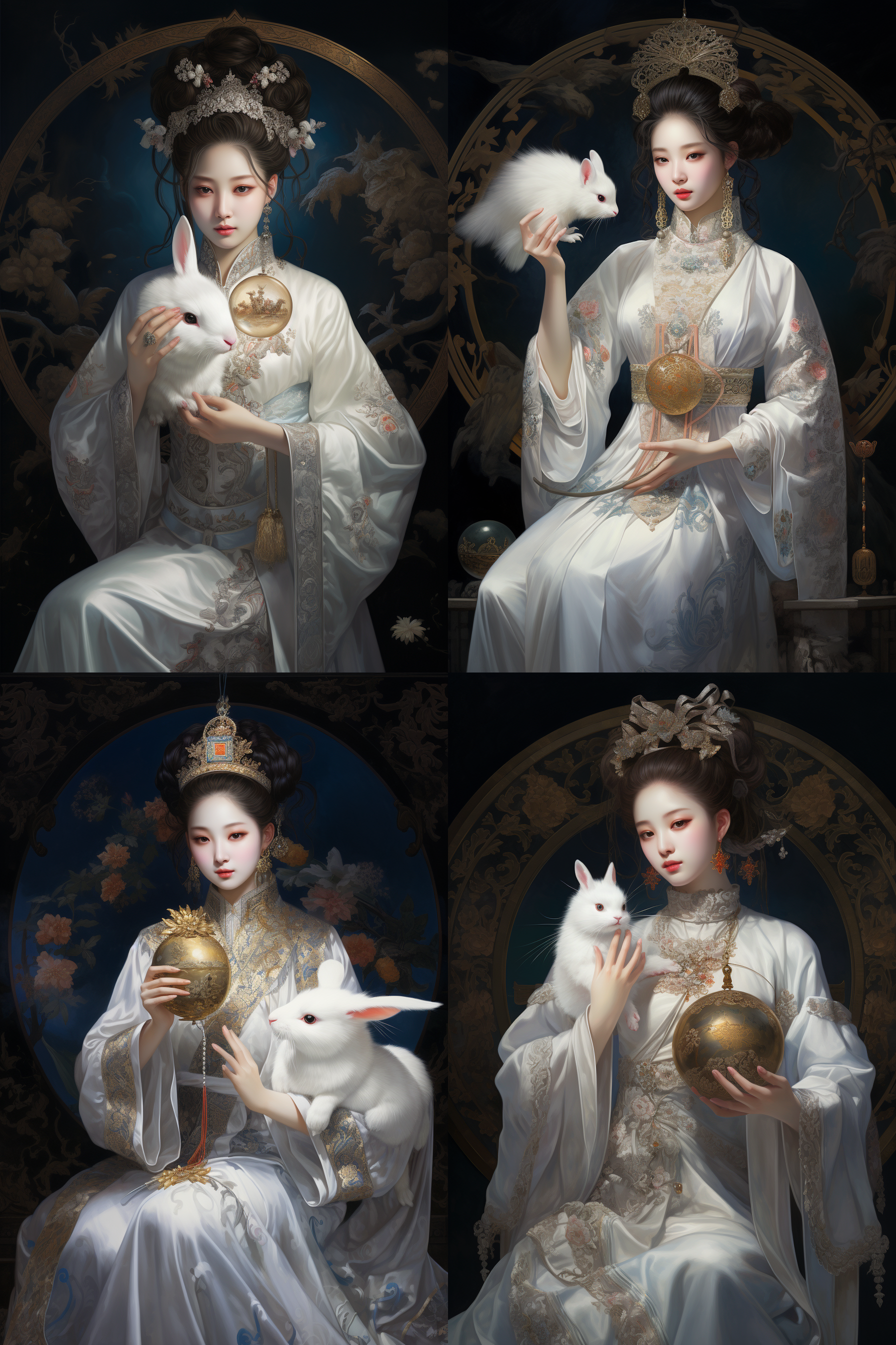 月宫，嫦娥，美女，带一只兔子，穿白色古装，头戴发簪，美艳绝伦，十全十美，一只兔子在捣药，月光，冷调，大师作品，高清，8k