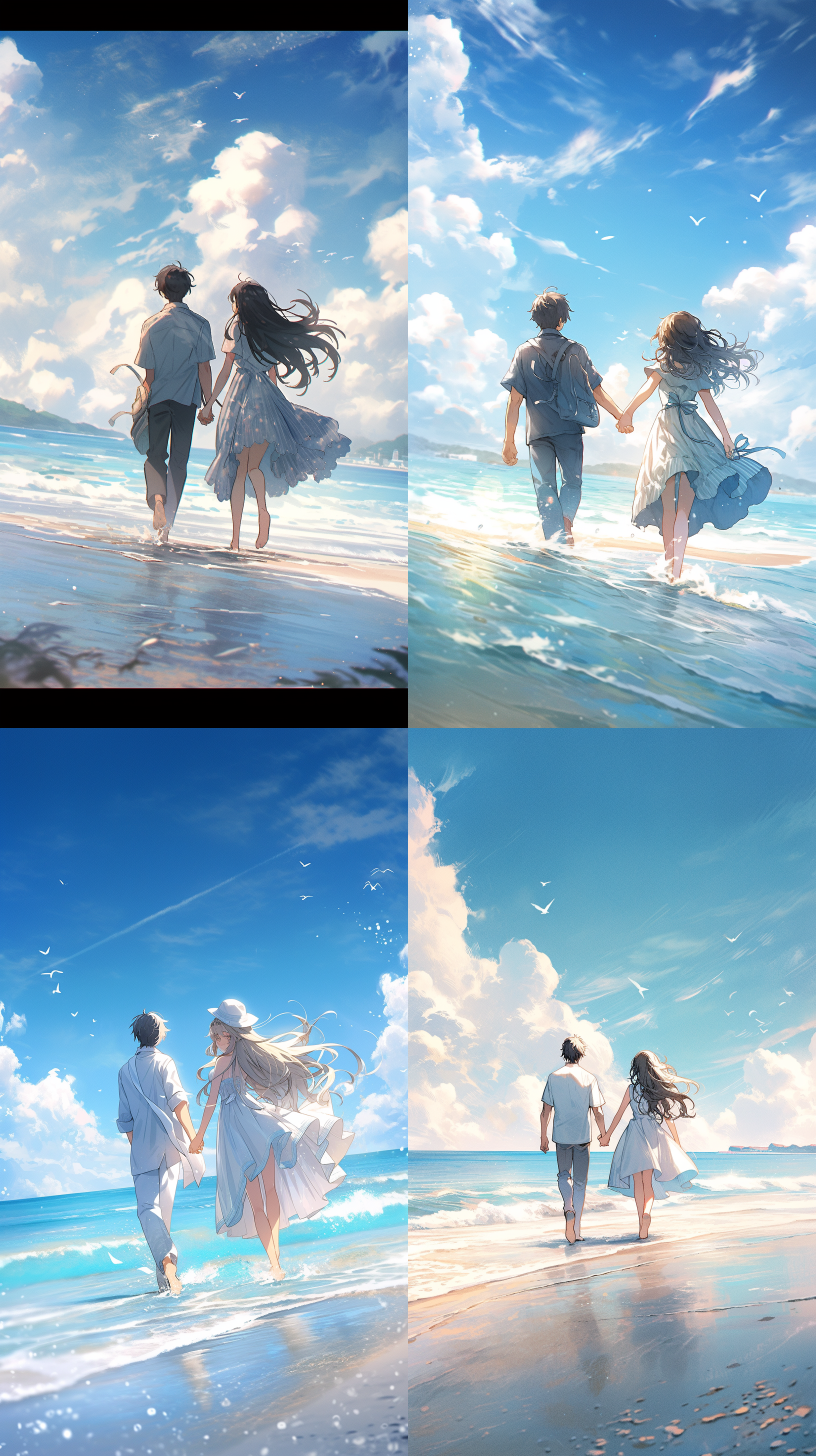 室外，白天，阳光，蓝天，大海，远景，沙滩，一男一女，女生长发，两人牵手，漫步，自然光，广角镜头，柔和色调，温馨，浪漫。