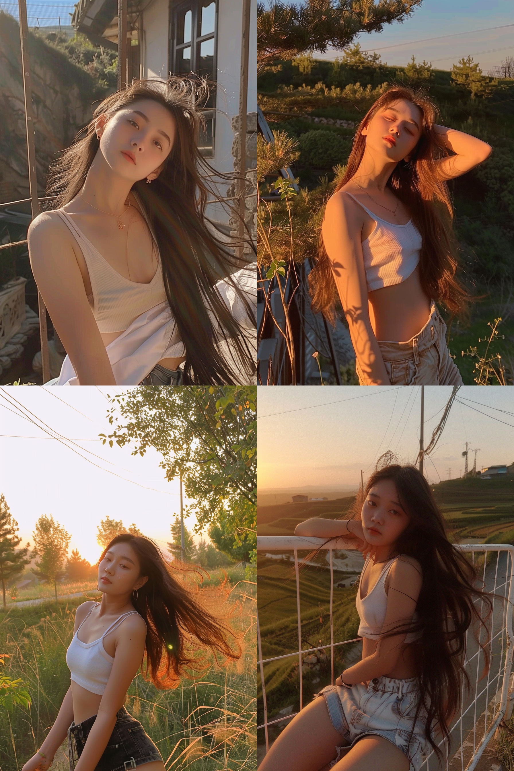 川渝女大学生穿着吊带，长发披肩，短裤展示大长腿，网红脸，模特身材，自然光，中焦镜头，清晰焦点，时尚感，自信微笑，青春活力。