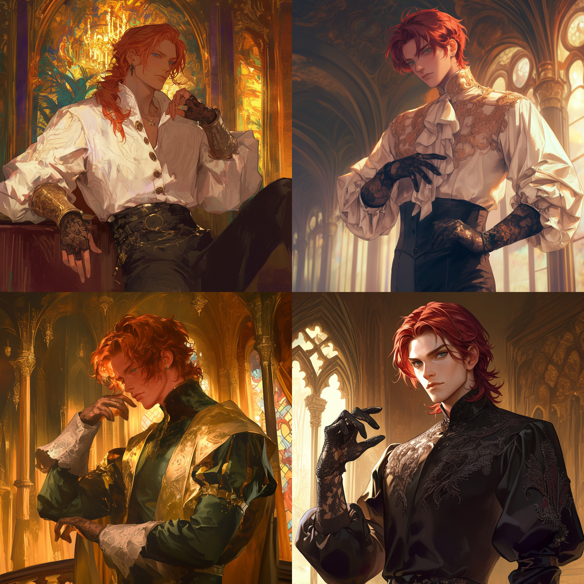 红色长发帅哥，中世纪贵族风格，精致衬衫，古典宫廷背景，蕾丝手套，对称构图，高分辨率，宫廷内，暖色调，长焦镜头，柔和侧光，优雅姿态，贵族气质，华丽装饰，神秘感。