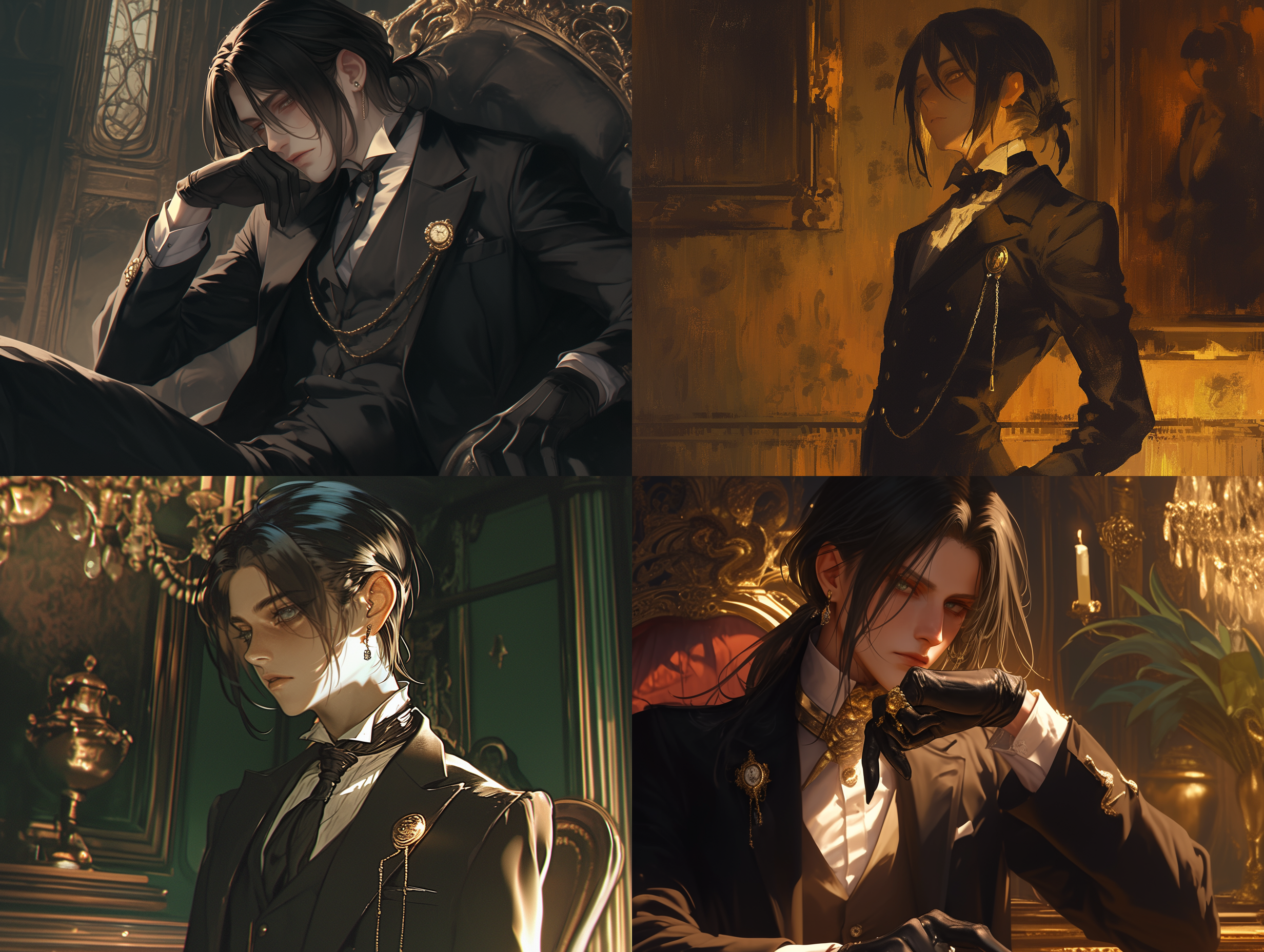 黑执事，夏尔，黑西装，小少年，维多利亚时代，古典风格，室内场景，暗色调，长焦镜头，柔和侧光，沉思表情，贵族气质，黑色西装，白色衬衫，红色领结，金色怀表链，深邃眼神，忧郁情绪。