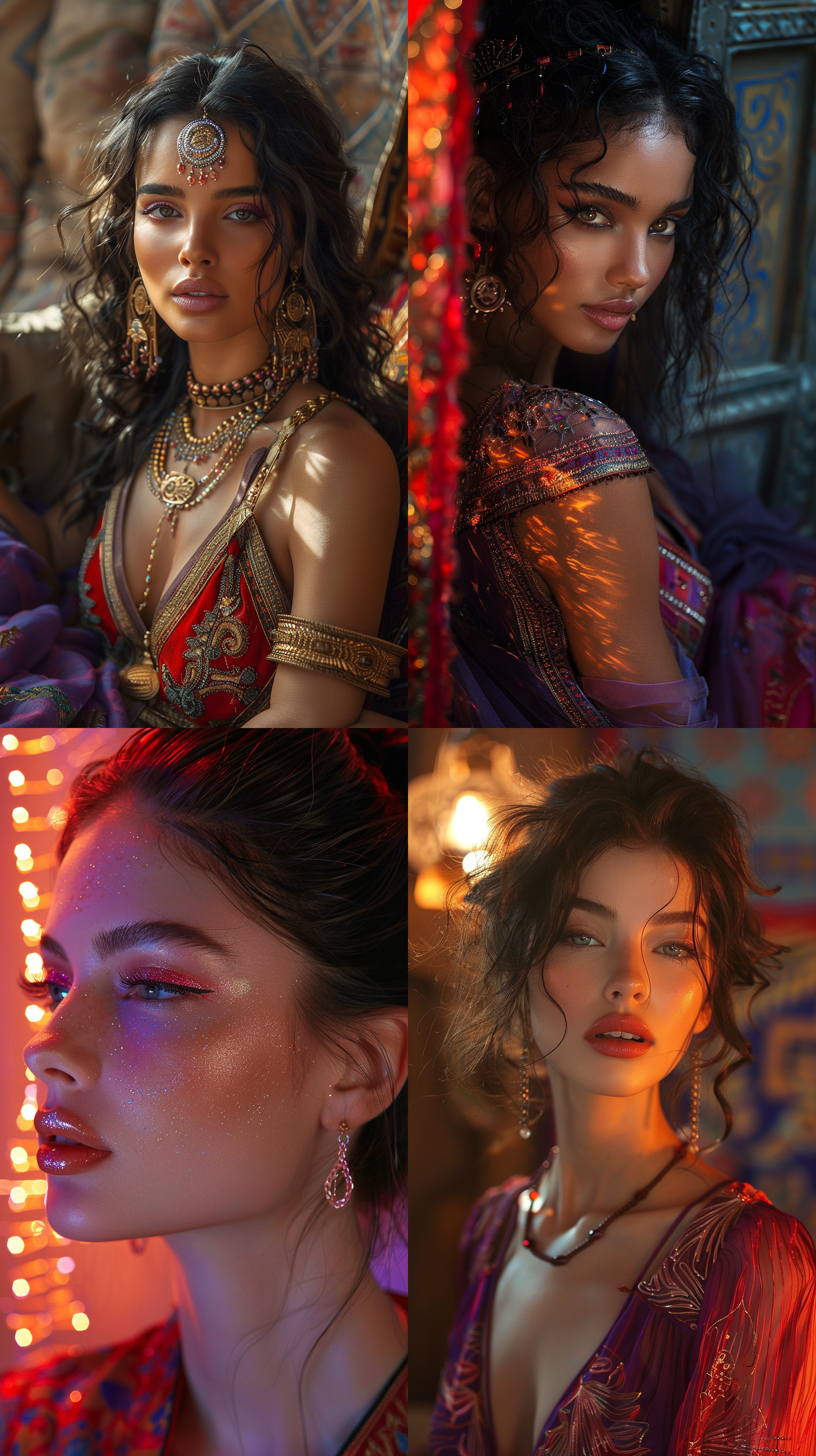 远景，埃及美女，华丽的服饰，精致妆容、红色、紫色，柔光，侧光