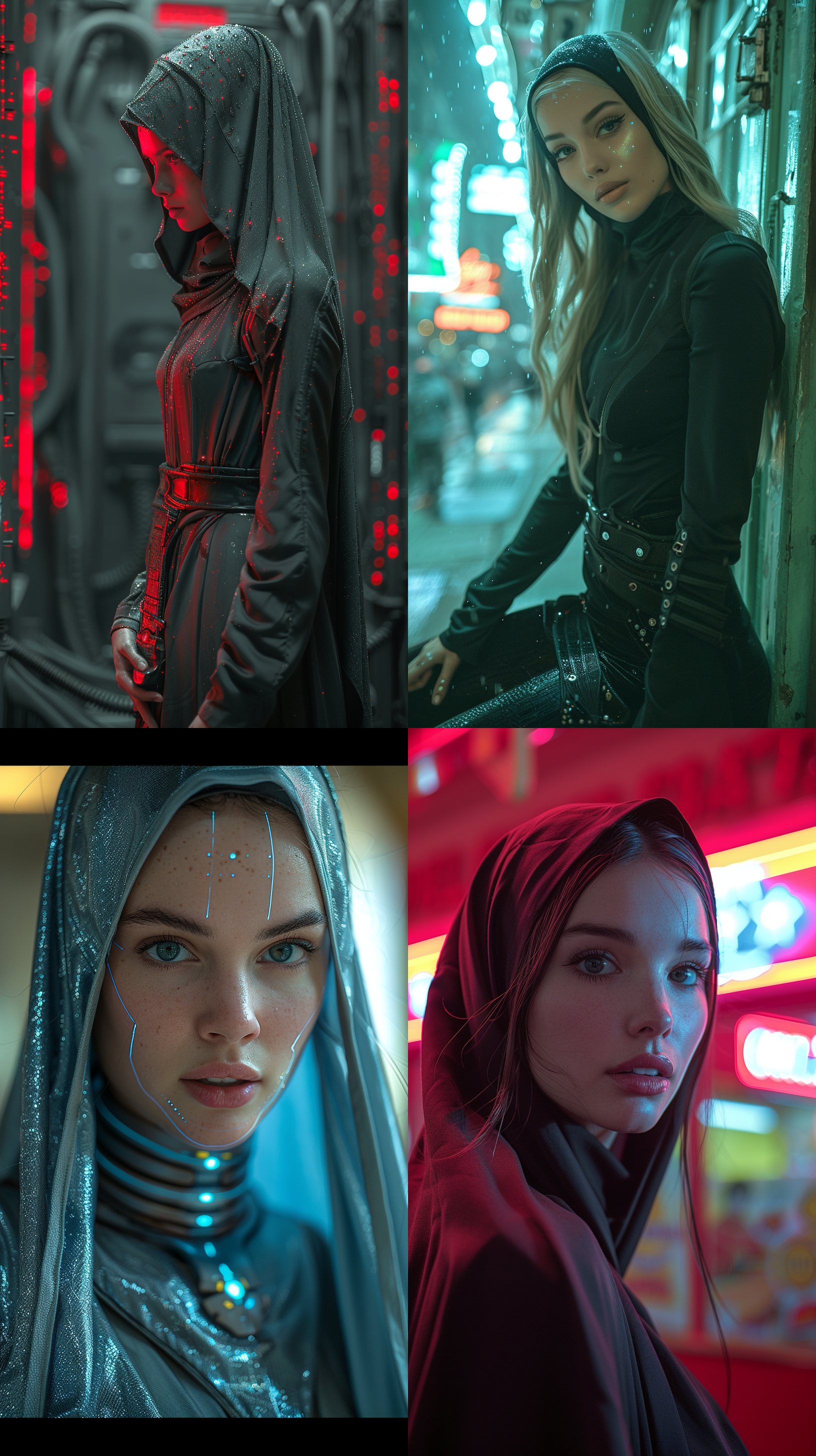 远景，美丽的修女，完美身材，女性魅力，突出女性特征，硬光，荧光，小光点，未来主义，科幻，金属质感，机械感，梦幻氛围