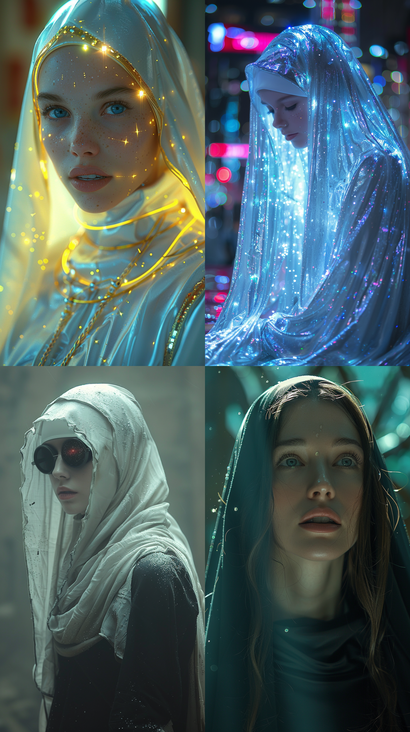 远景，美丽的修女，完美身材，女性魅力，突出女性特征，硬光，荧光，小光点，未来主义，科幻，金属质感，梦幻氛围