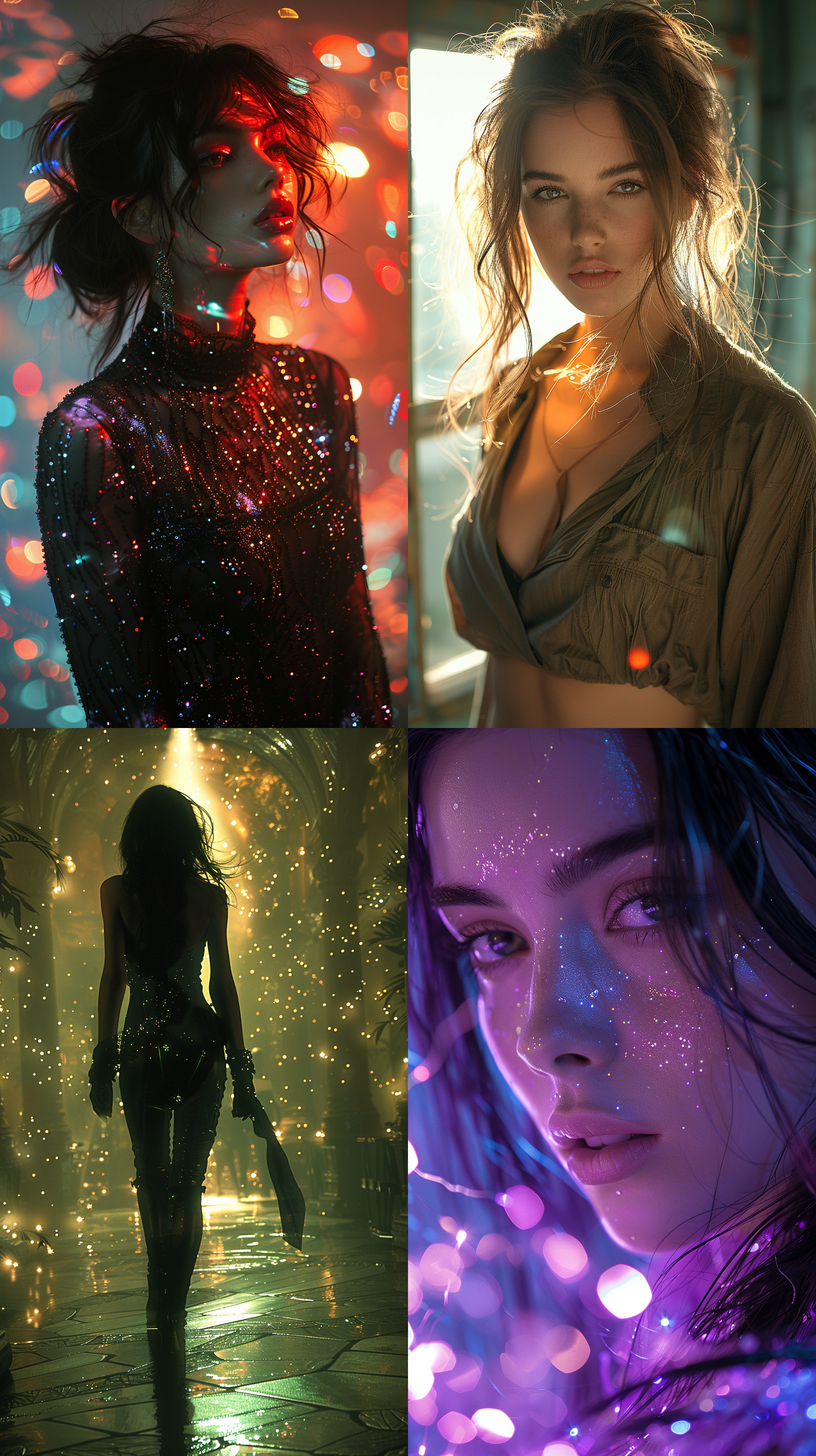 远景，希腊美女，完美身材，女性魅力，突出女性特征，硬光，荧光，小光点，未来主义，科幻，金属质感，梦幻氛围，炫酷