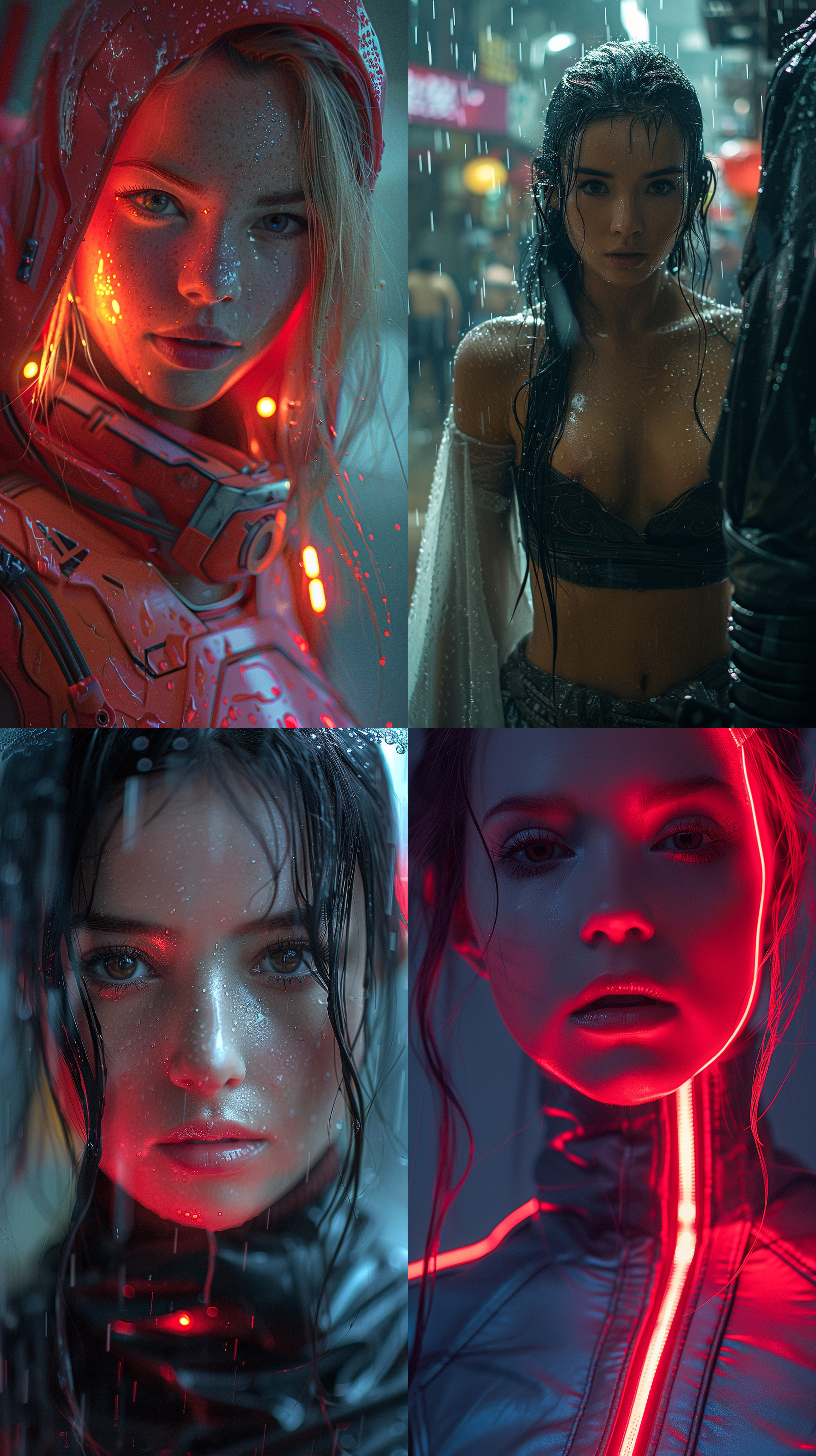 远景，漂亮的女忍者，完美身材，女性魅力，突出女性特征，硬光，荧光，小光点，未来主义，科幻，金属质感，梦幻氛围，炫酷