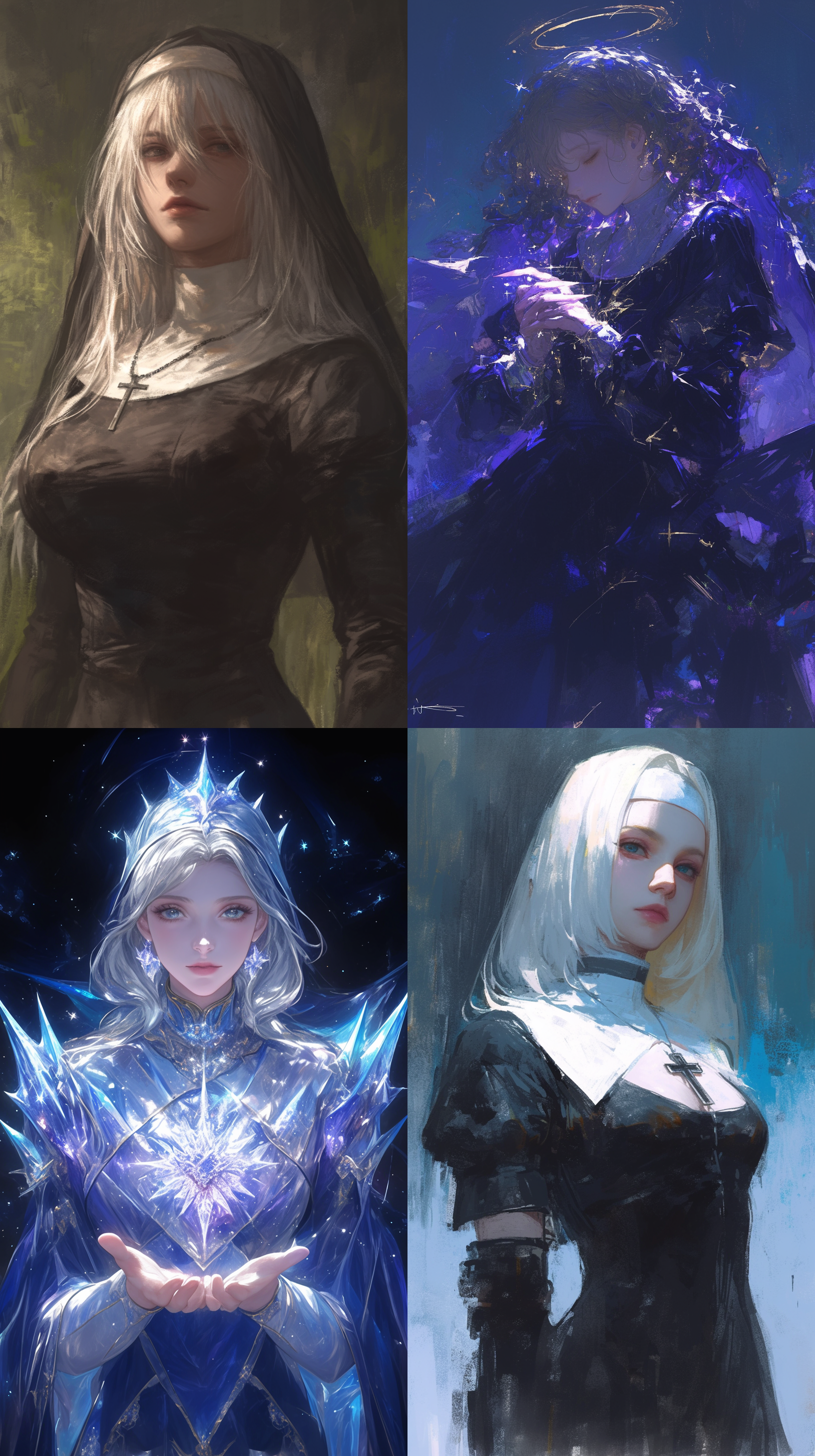 远景，美丽的修女，完美身材，女性魅力，突出女性特征，硬光，荧光，小光点，未来主义，科幻，金属质感，梦幻氛围，炫酷