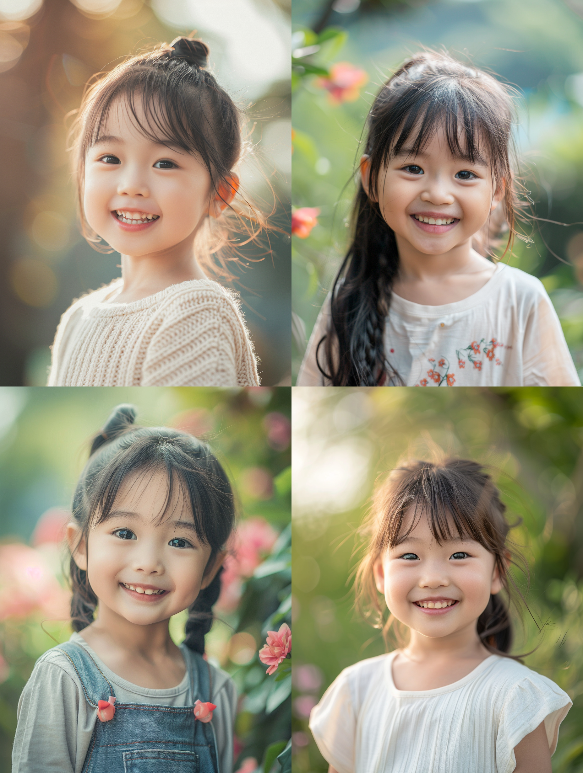 孩子乳牙松动笑容，小清新风格，亚洲小女孩，自然妆容，简约服装，户外花园背景，柔和光线，自然风格，中焦镜头，浅色调，清新，舒适，写实，高清，4k。