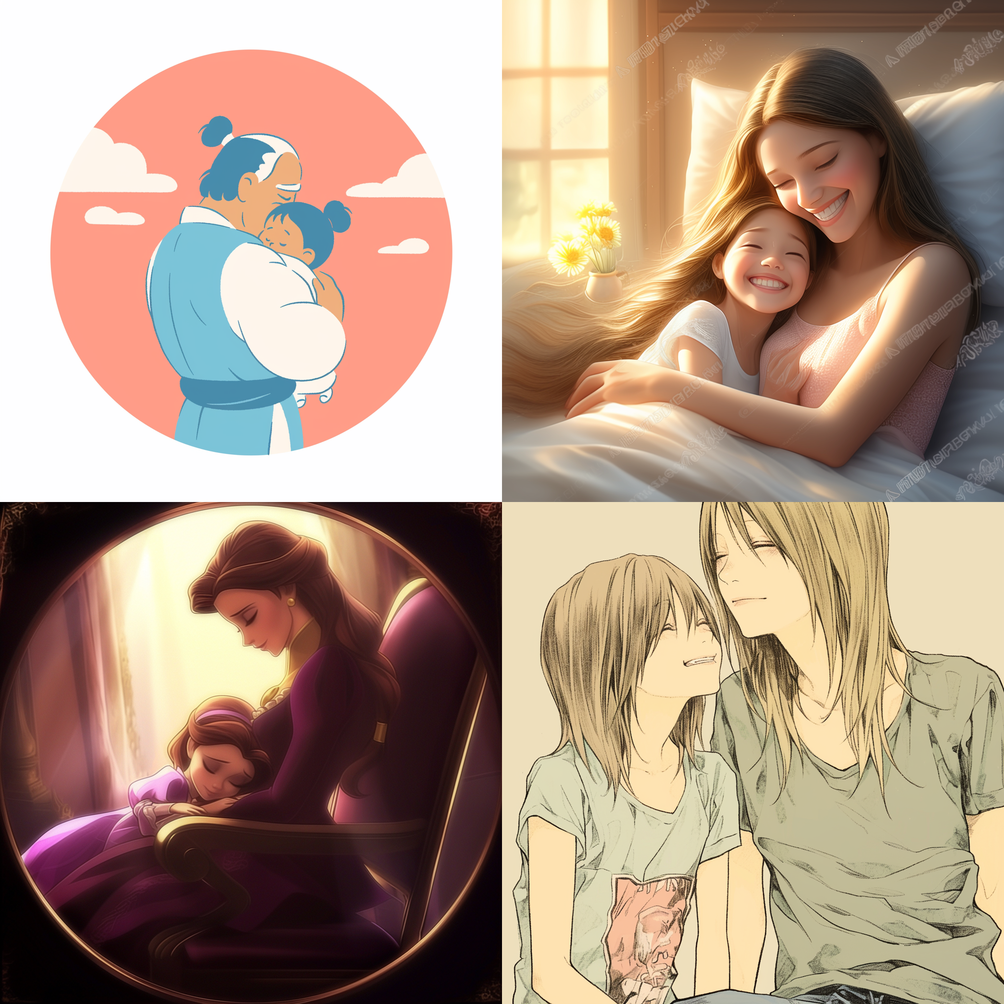 母女亲子头像，漫画风格，温馨场景，圆形构图，柔和光线，室内背景，中焦镜头，自然光，微笑，亲密拥抱，粉色和蓝色调，幸福感。