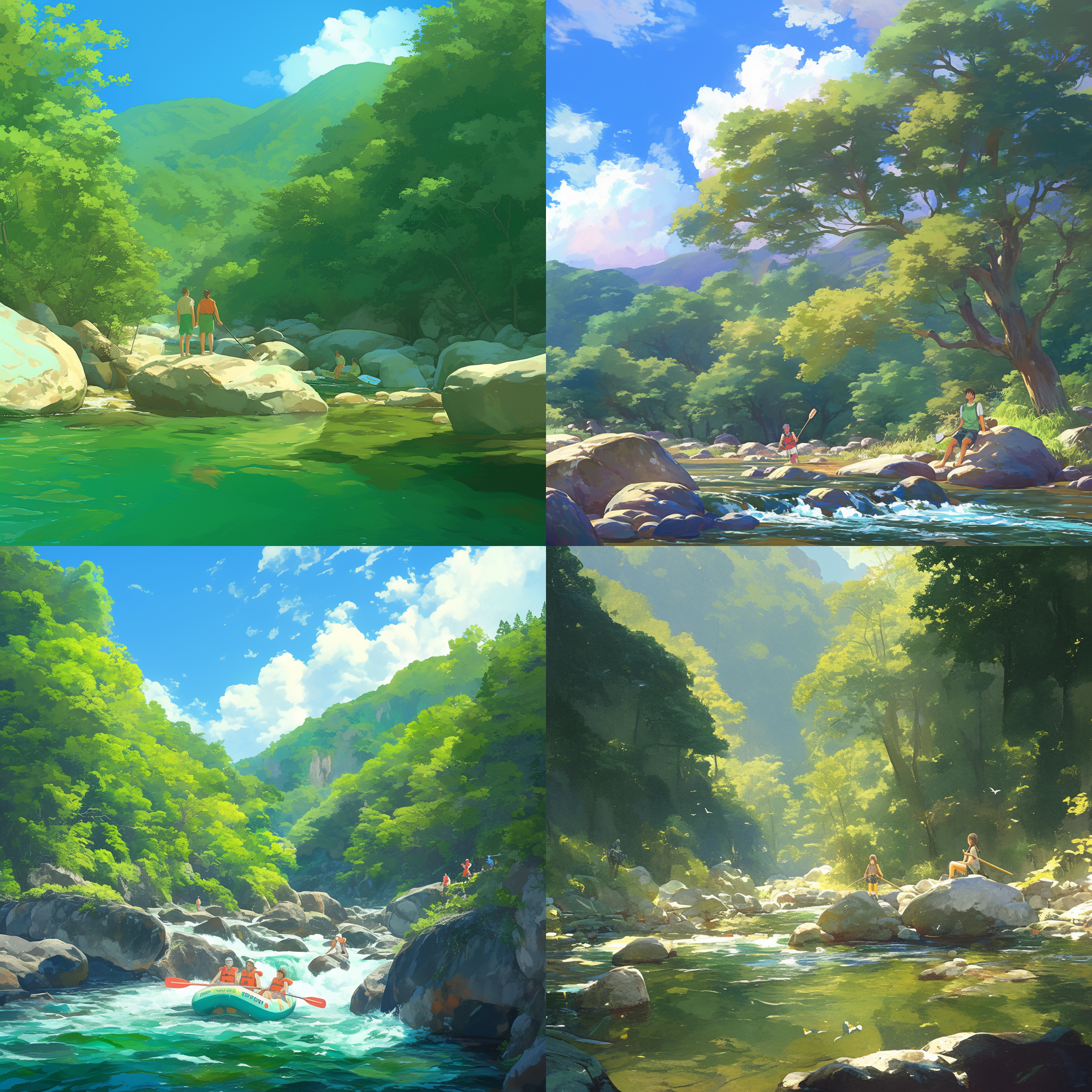 清澈溪流，皮筏艇，漂流的人们，大石头，森林里，大树、晴天多云，丁达尔光效，自然光线，柔和色调，宁静氛围，远景构图，生机勃勃，清新自然，长焦镜头，侧光，慢快门，动态模糊，绿色调，平静，自然，生机。