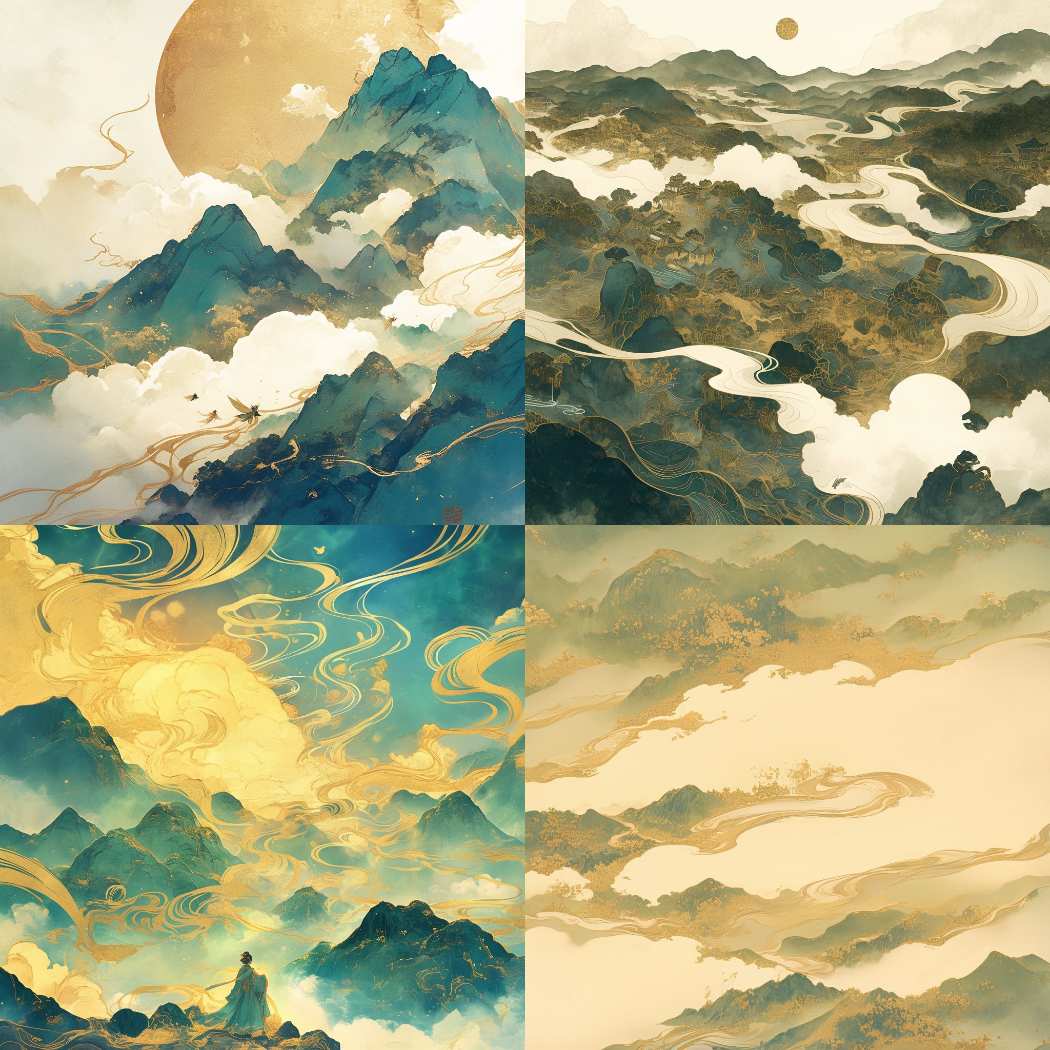 金色祥云，水墨青山，中国风，敦煌壁画，仙女飞天，云霞，淡金色调，柔和光线，长焦镜头，远景，仙境，优雅，神秘，宁静。