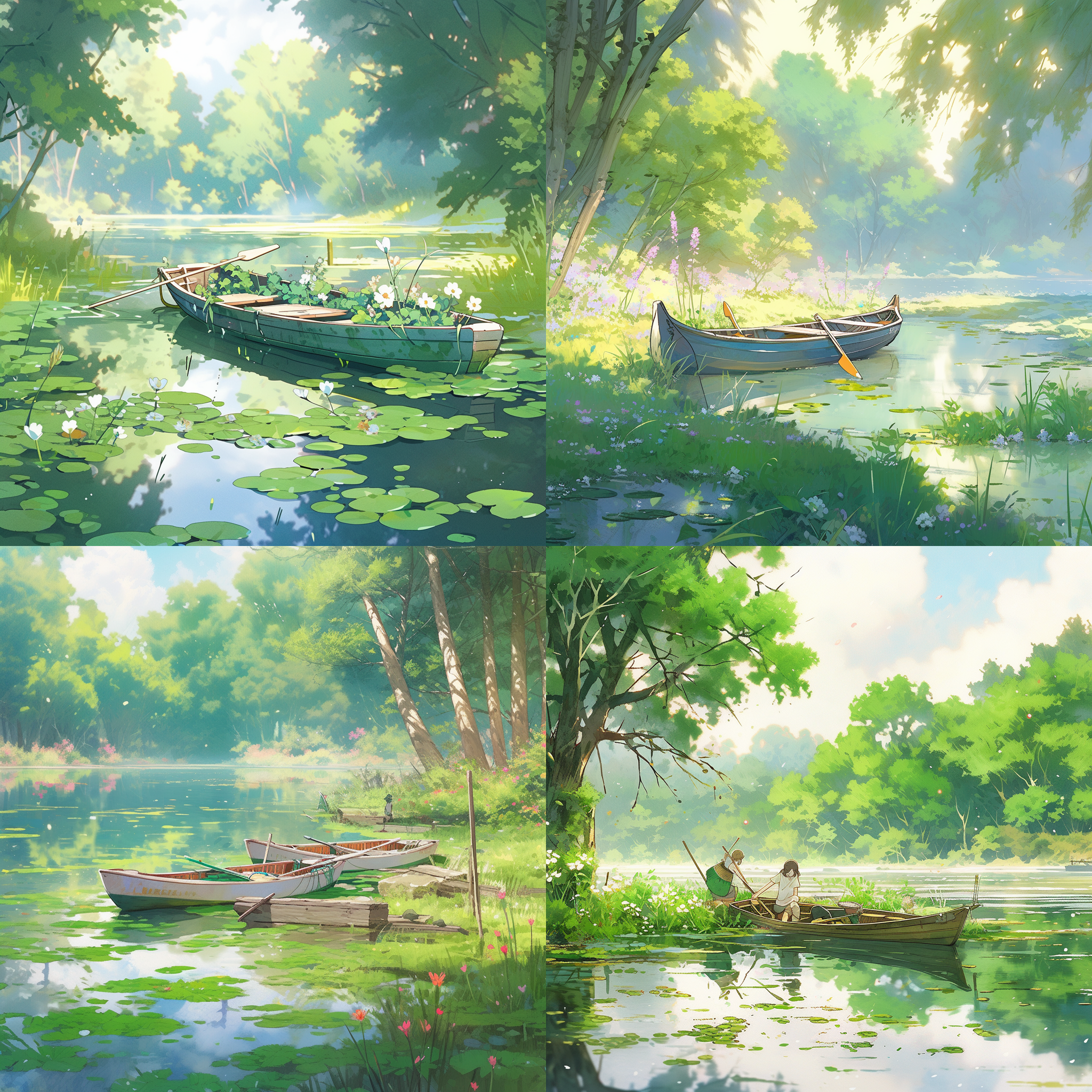 树林下木栈道，野花草甸，清澈大水面，水草，人在水面划船，白云倒映，自然风光，宁静，广角镜头，柔和光线，绿色调，平静水面，倒影，悠闲划船，自然和谐。