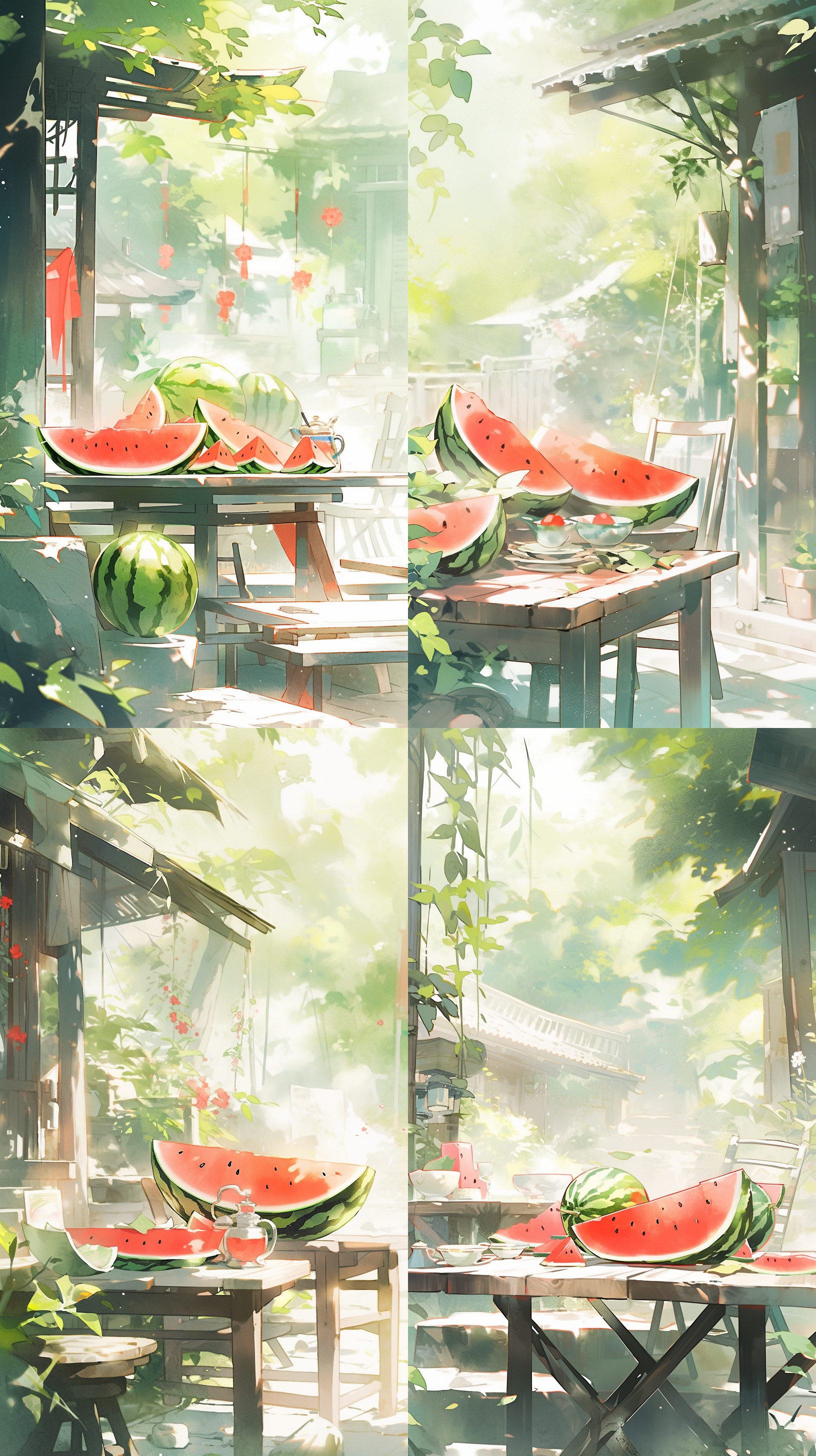 夏日炎炎西瓜中国水墨风中国特有风情彩绘速写风格细腻笔触自然光柔和色调广角镜头静谧氛围梦幻感。