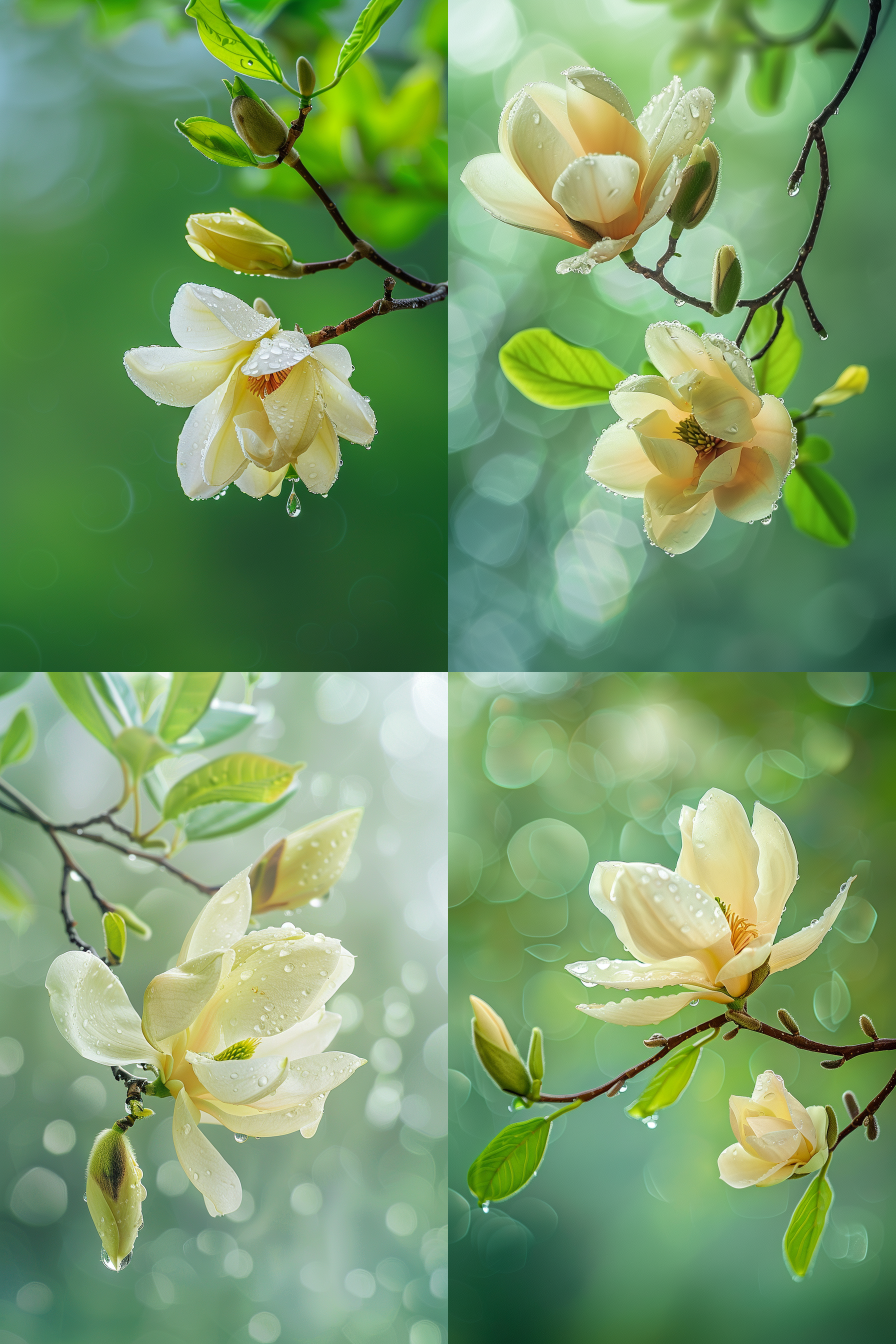 a pale yellow magnolia flower hangs. there are two buds on the flower branch and three green leaves. the dewdrops are crystal clear. ultra hd visuals, realism and green background blur