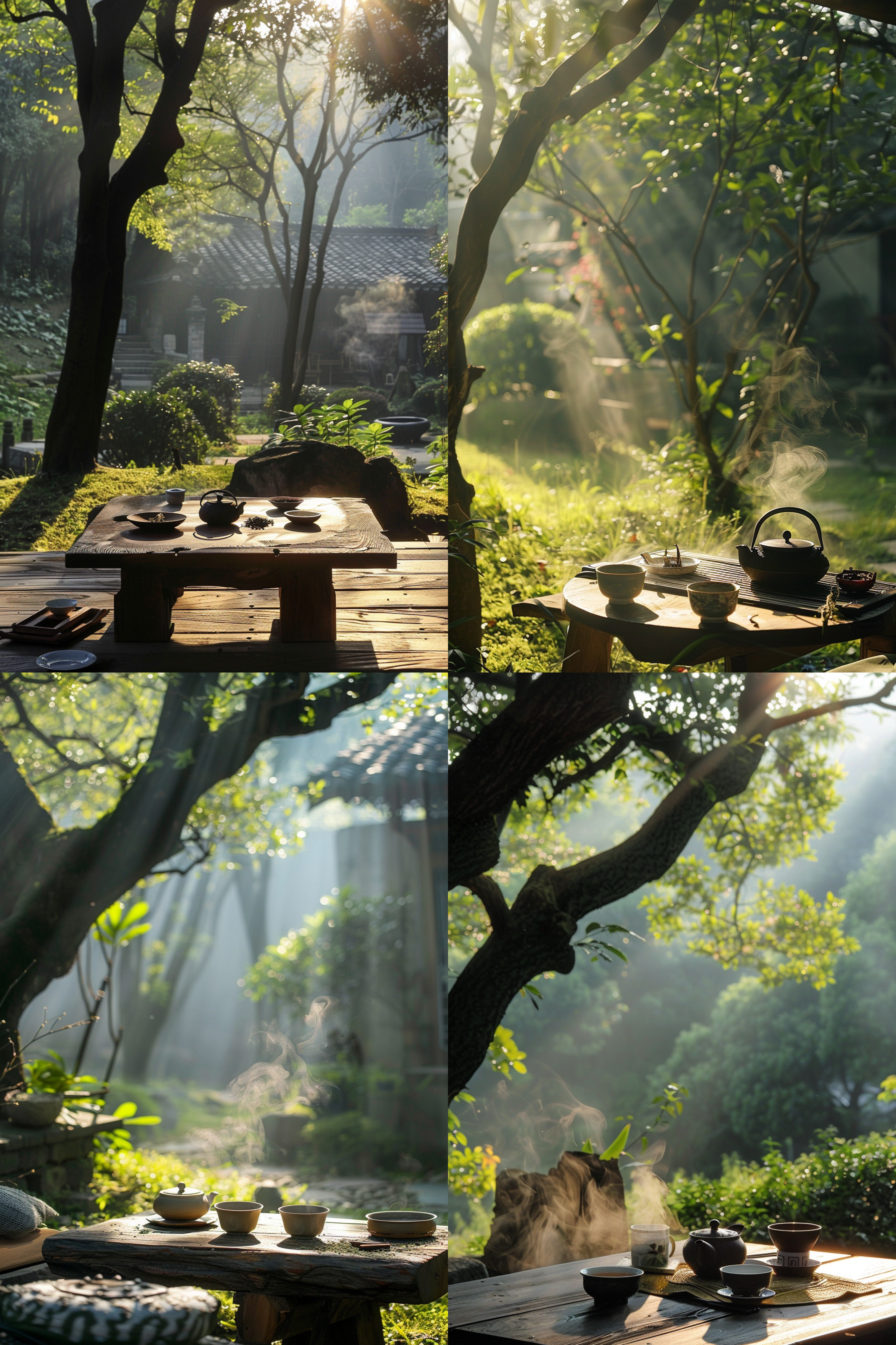 在清晨的郊外，阳光透过树梢，斑驳陆离地洒在茶席上。你坐在柔软的草地上，耳边是鸟儿清脆的鸣叫声，鼻尖萦绕着泥土和花草的清新气息。一壶刚烧开的山泉水，冲泡着新鲜的茶叶，随着水汽的升腾，茶香四溢，与周围的自然气息交织在一起，形成一种难以言喻的美妙感受。