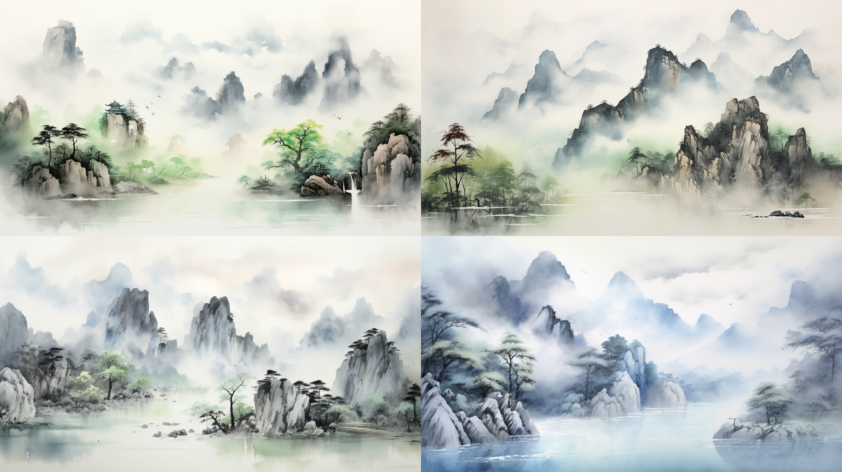 水墨画,清晨雨后，青山绿水,流水潺潺,明月高空，远景，宁静致远，唯美意境，高清画质