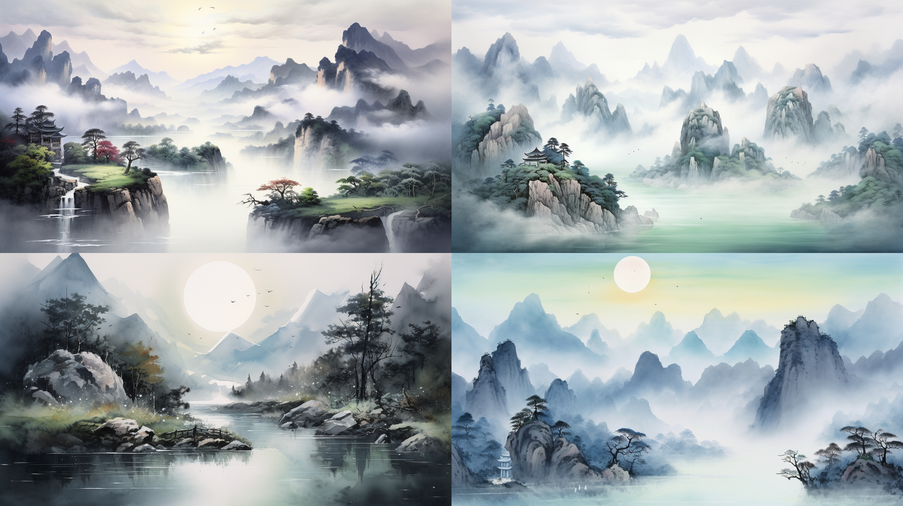 水墨画,清晨雨后，青山绿水,流水潺潺,明月高空，远景，广角，宁静致远，唯美意境，高清画质