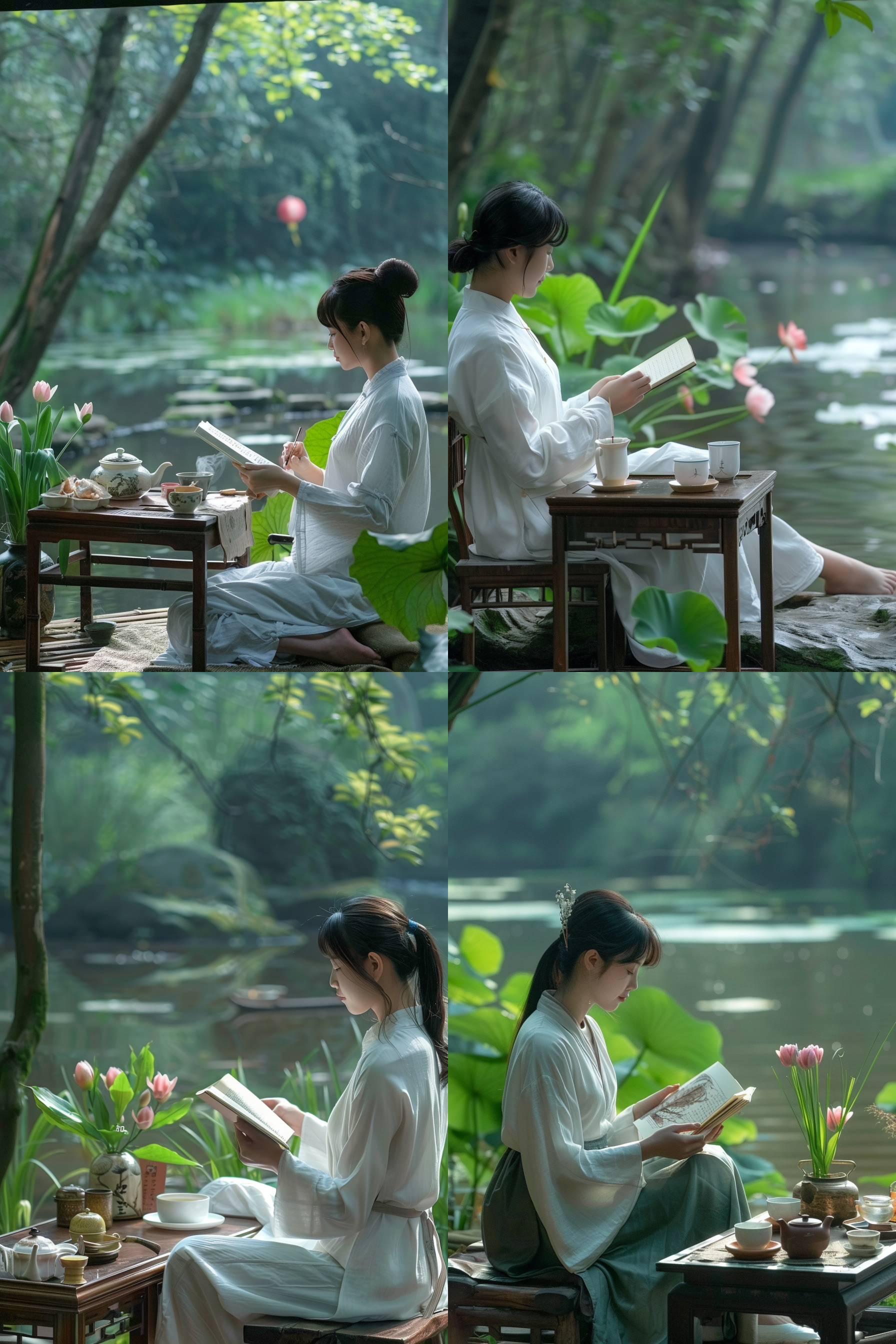 中国风格，一套中式茶具，有盖碗、茶壶、茶杯、茶几，一位年轻的女茶博士坐在旁边悠闲的看着书，阳光，绿植，窗外是高山水，高级感，宁静致远，唯美意境，高清画质