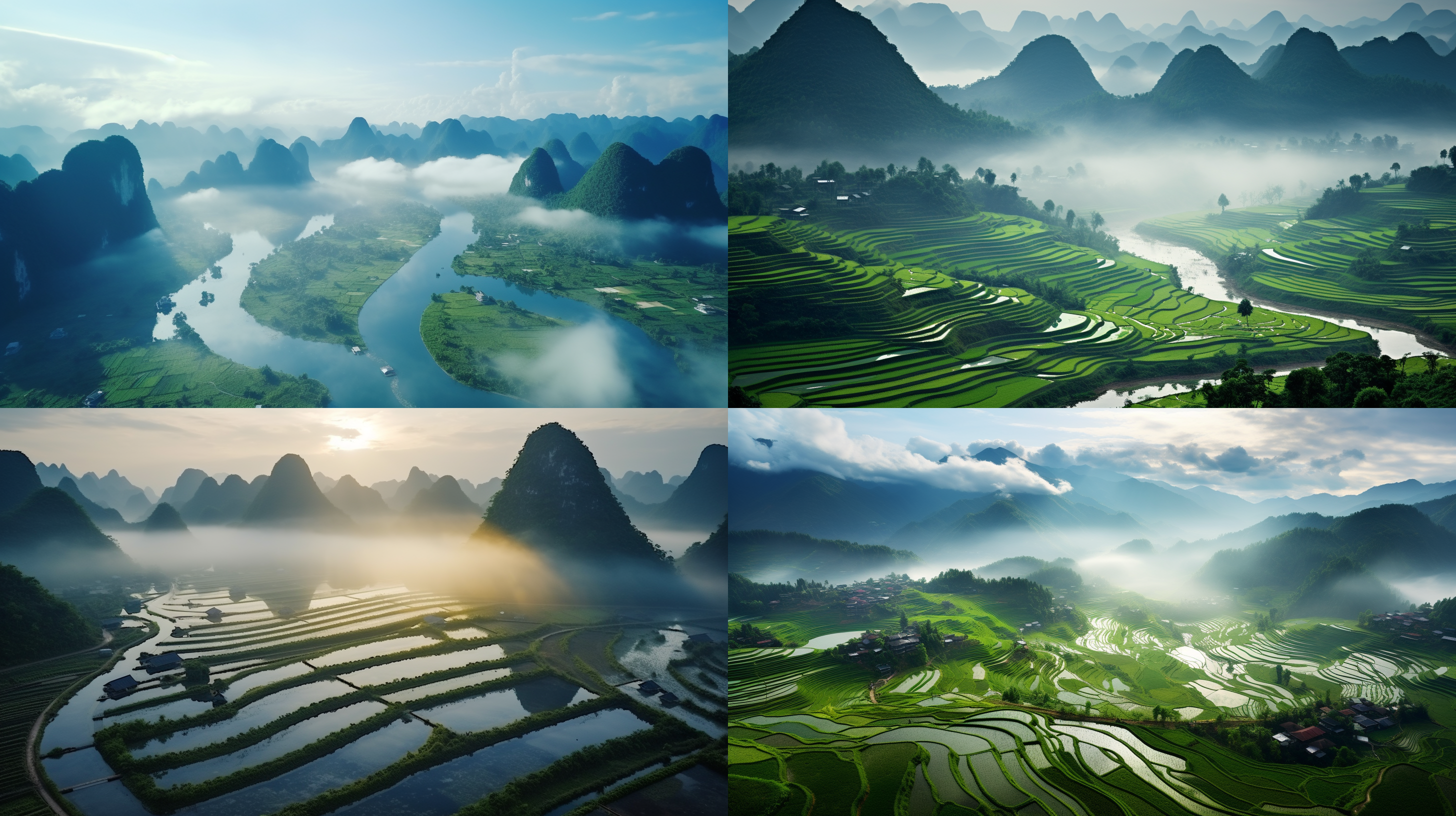 初夏，雨后，清晨，桂林梯田， 远景，宁静致远，真实风景拍摄，唯美意境，高清画质