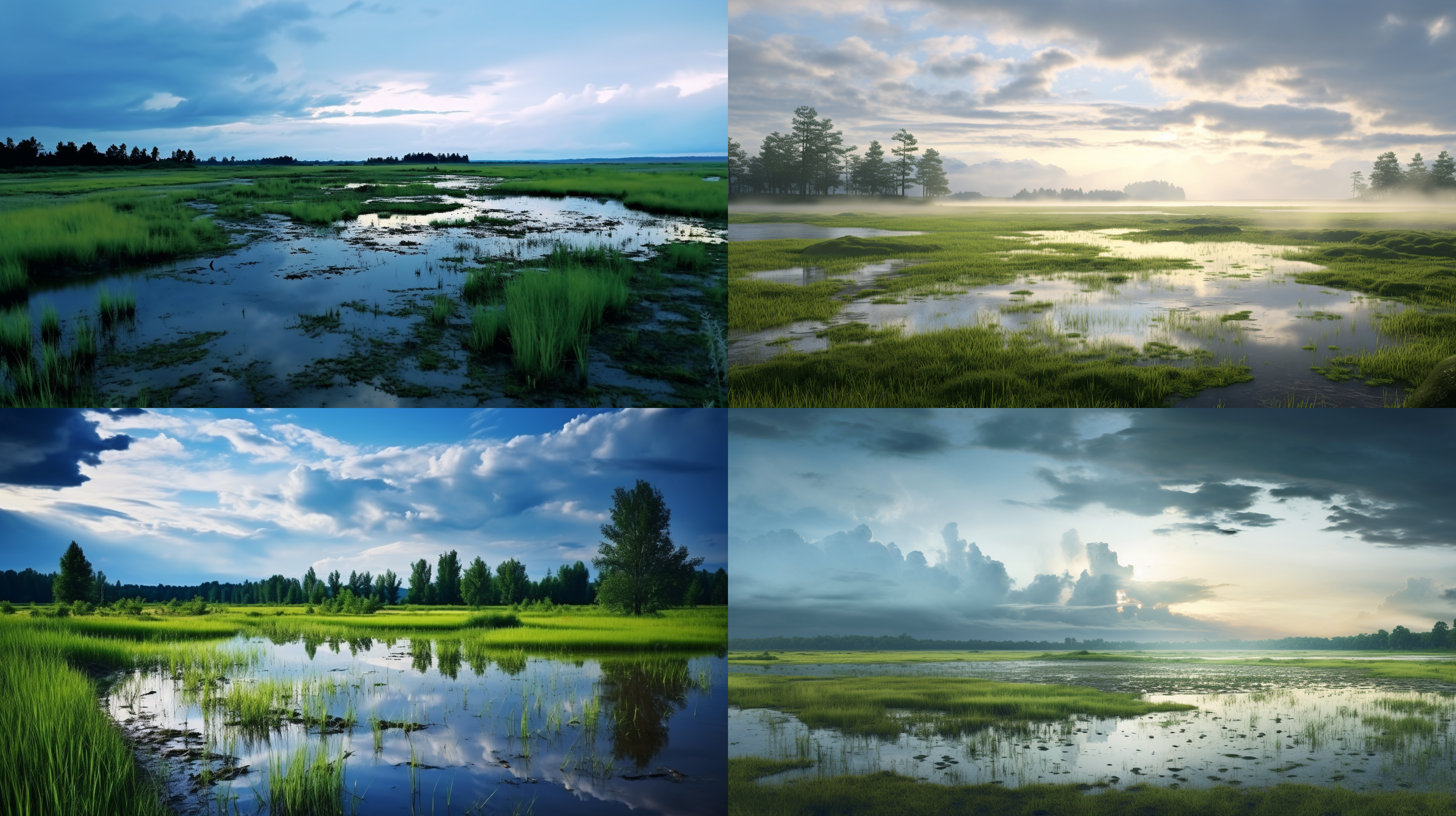 湿地，清晨雨雨后，清凉夏日，远景，广角 拍摄，真实风景，宁静致远，唯美意境，高清画质