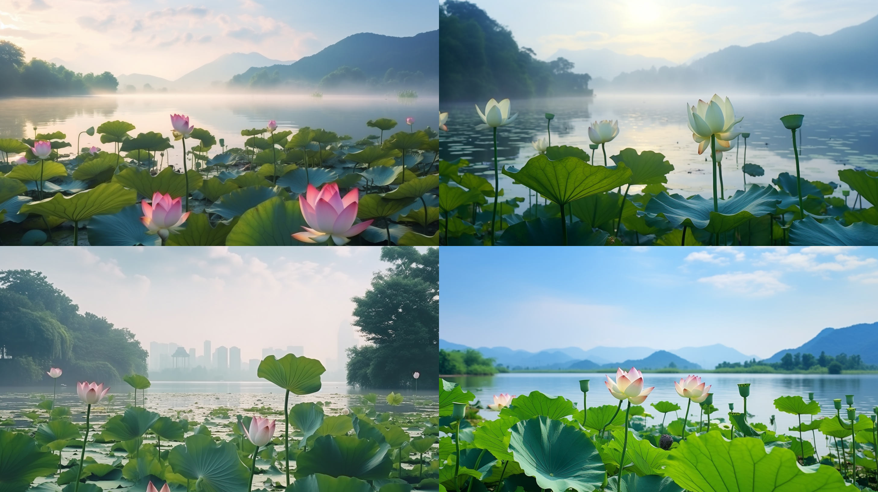 西子湖畔，清晨雨后，清凉夏日，荷花，远景，广角 拍摄，真实风景，宁静致远，唯美意境，高清画质