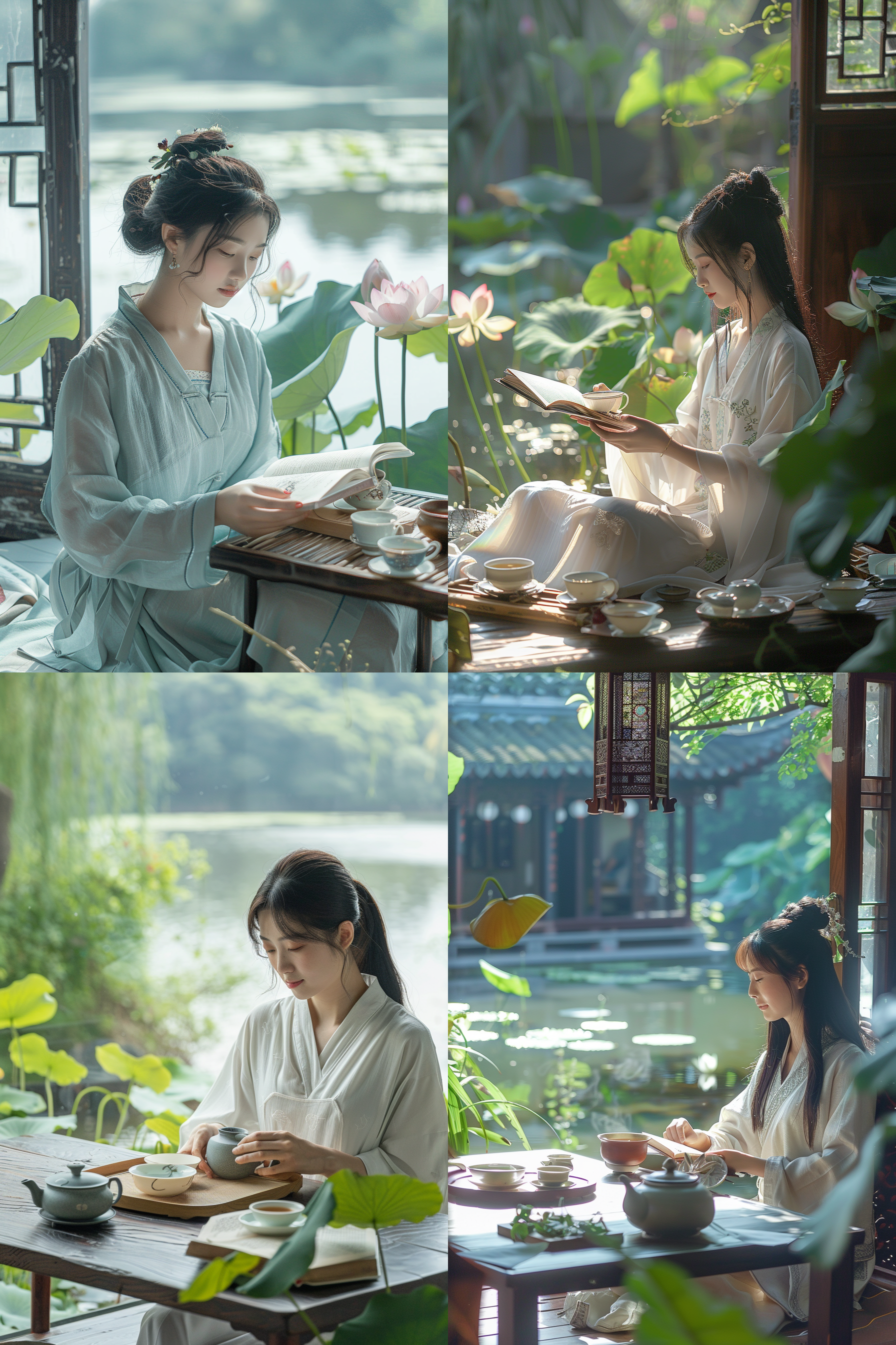 中国风格，湖泊，荷花，一套中式茶具，有盖碗、茶壶、茶杯、茶几，一位年轻的女茶博士坐在旁边悠闲的看着书，阳光，绿植，窗外是高山水，高级感，宁静致远，唯美意境，高清画质