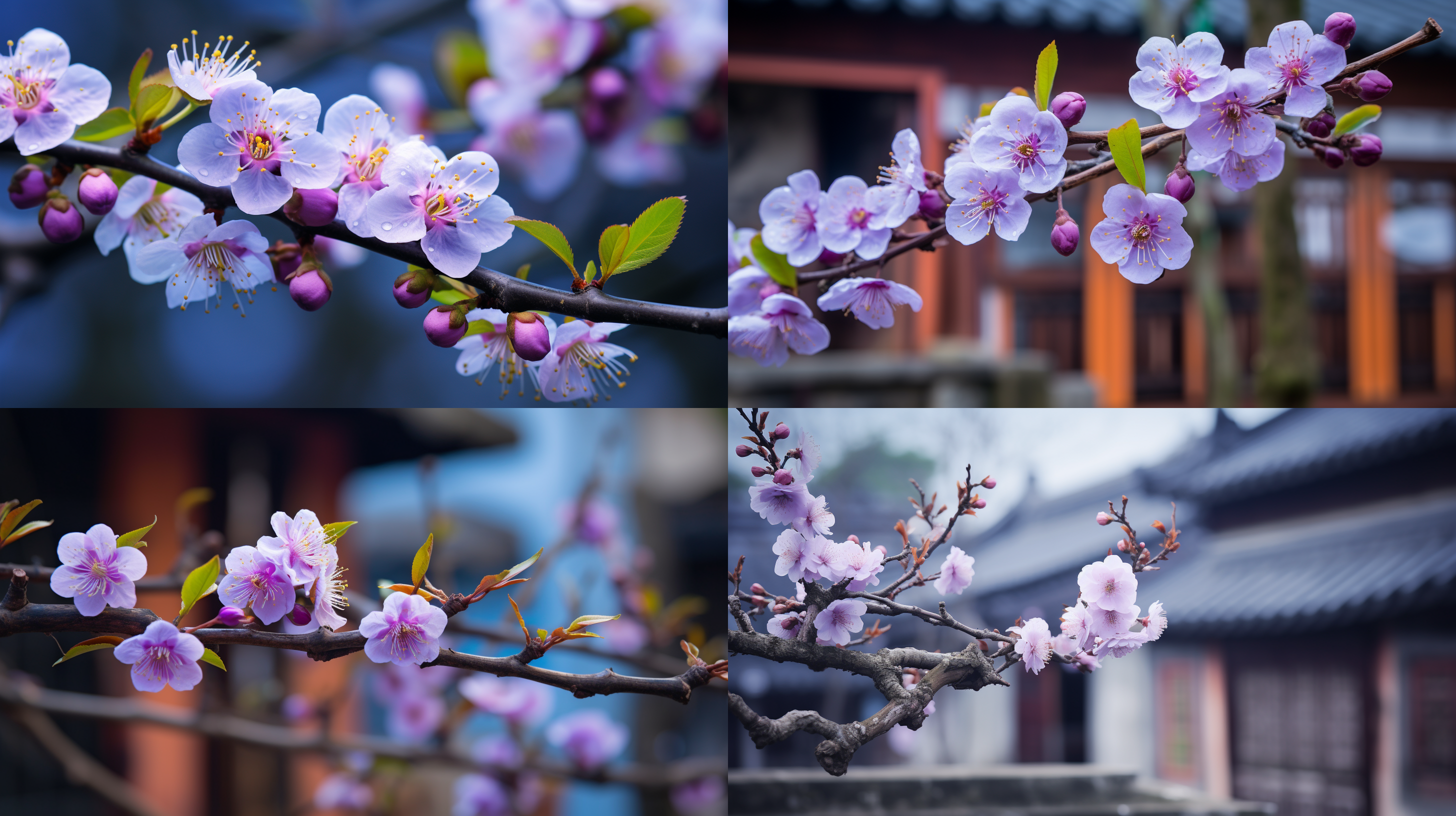 blue plum blossoms and purple plum blossoms bloom on the extending branches, surrounded by lush green leaves, setting off the colors. in the background is a light gray house, cozy and mysterious, giving it a charming charm. the details are very noticeable. the colors are rich in changes, the pictures are vivid, and the shapes are unique. i have never seen such a beautiful flower, very beautiful, very real, really beautiful, i have never seen such a beautiful flower, i can't believe it is so beautiful, super real, volumetric light, lighting, very beautiful, planting rice, harvesting rice, pulling weeds, working, driving tractors, excavators, forging iron, hard work, wearing tattered clothes, i can't believe how hard it is, medium telephoto lens, super real, ultra-high definition and accurate, ultra-detailed, high-definition detail and quality 8k ，宁静致远，唯美意境，高清画质