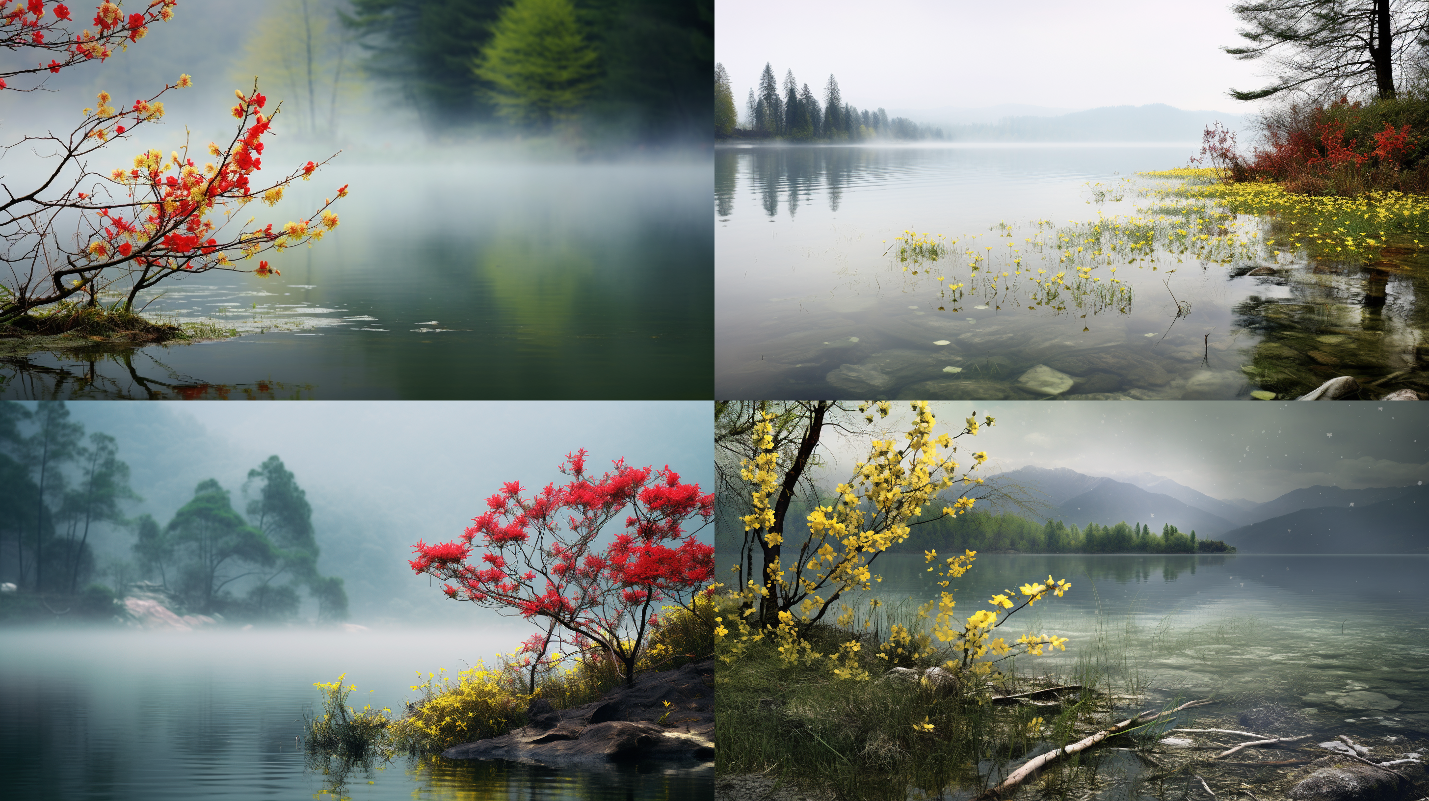 初春，红色的小花和黄色的小花，周围是郁郁葱葱的绿叶，衬托着色彩被白色雾气笼罩，湖水清澈如镜，远处山峦，带来一种安详的气氛，专业摄影师用尼康相机记录下这神秘而美丽的景象，高清，视觉上非常真实，，宁静致远，唯美意境，高清画质