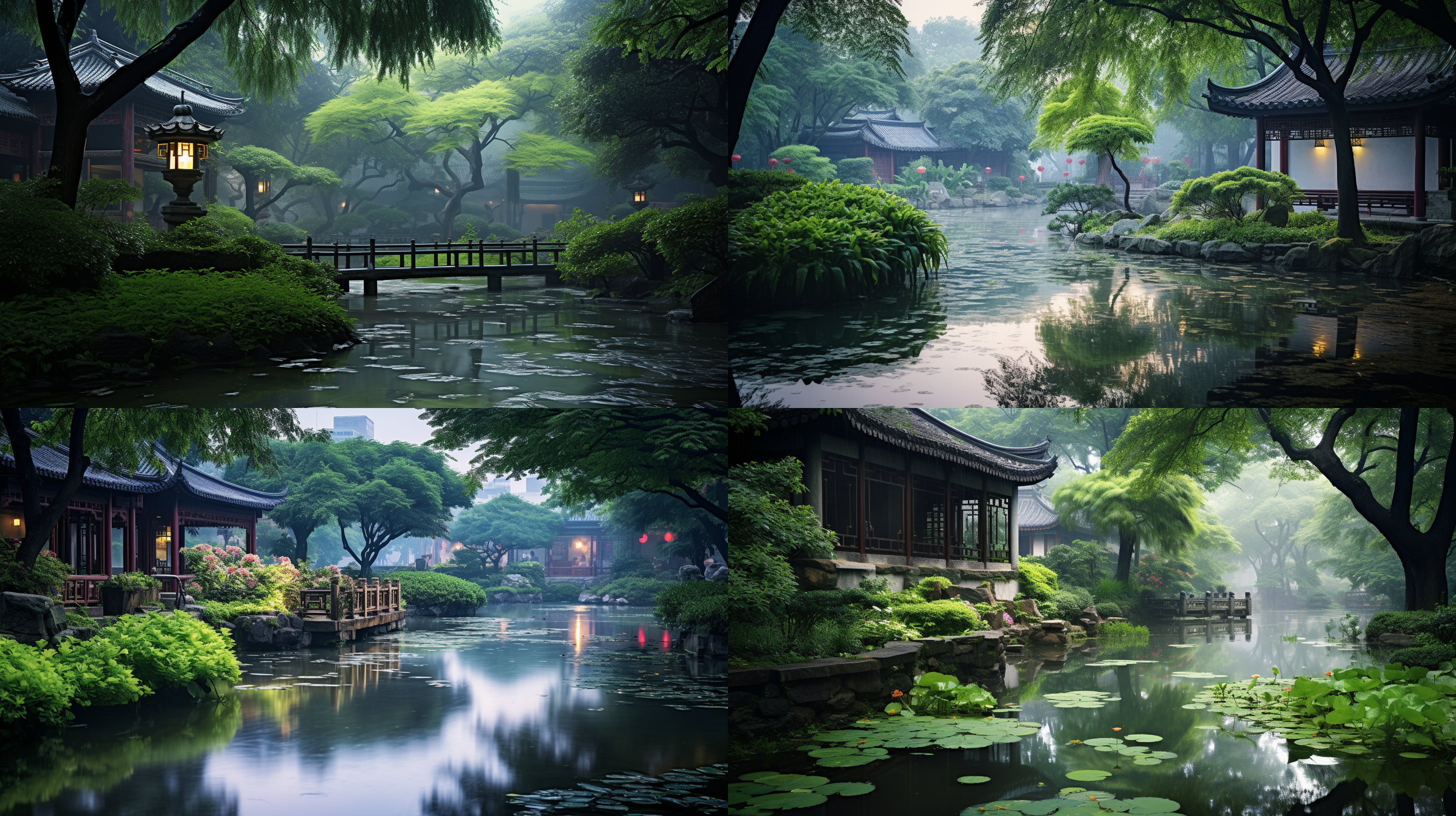 苏州园林，初夏雨后傍晚，小溪，周围是郁郁葱葱的绿叶，衬托着色彩被白色雾气笼罩，湖水清澈如镜，带来一种安详的气氛，远景，广角，真实风景拍摄，宁静致远，唯美意境，高清画质