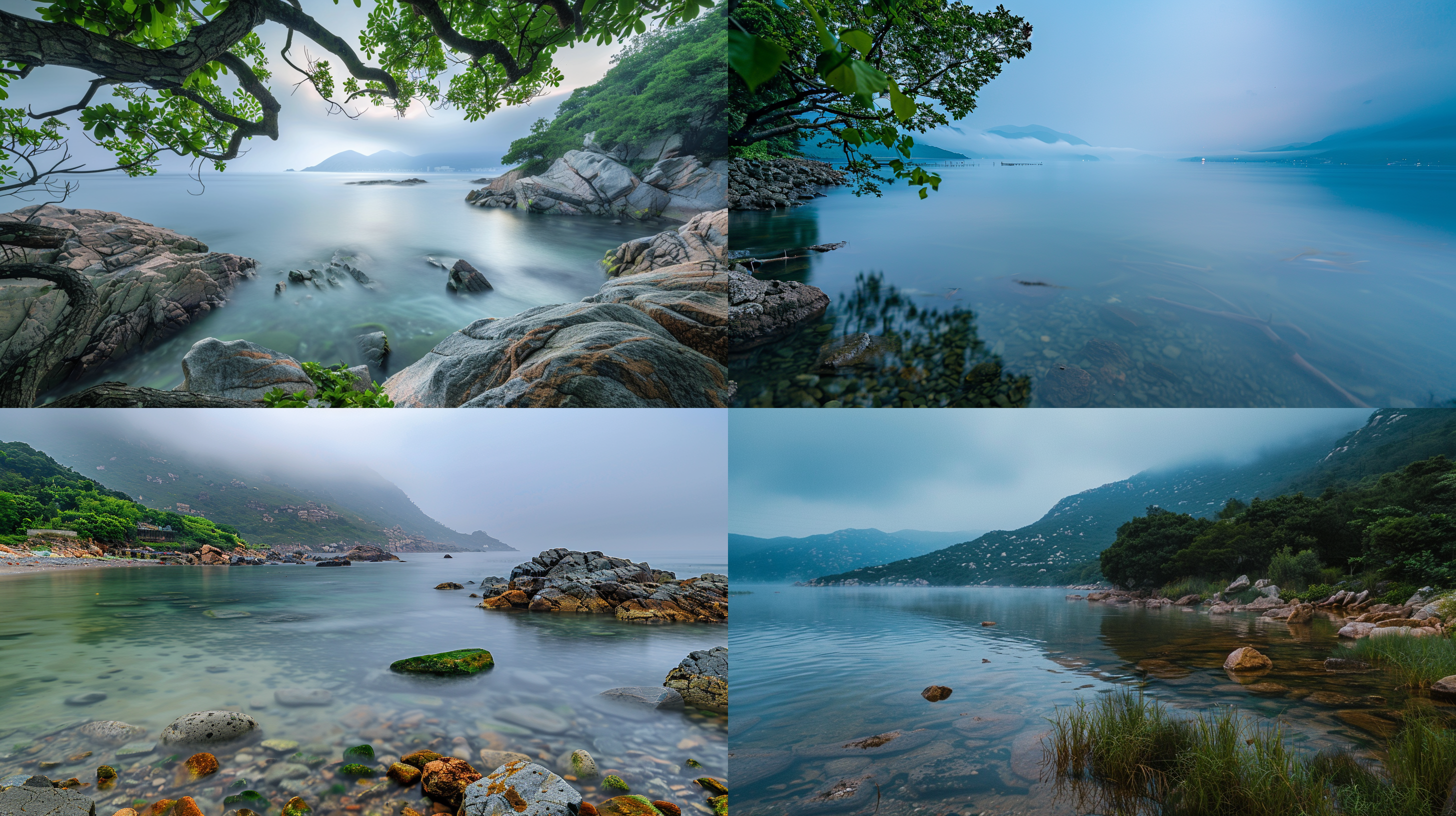 崂山海边，初夏雨后傍晚，周围是郁郁葱葱的绿叶，衬托着色彩被白色雾气笼罩，海水水清澈如镜，带来一种安详的气氛，远景，广角，真实风景拍摄，宁静致远，唯美意境，高清画质