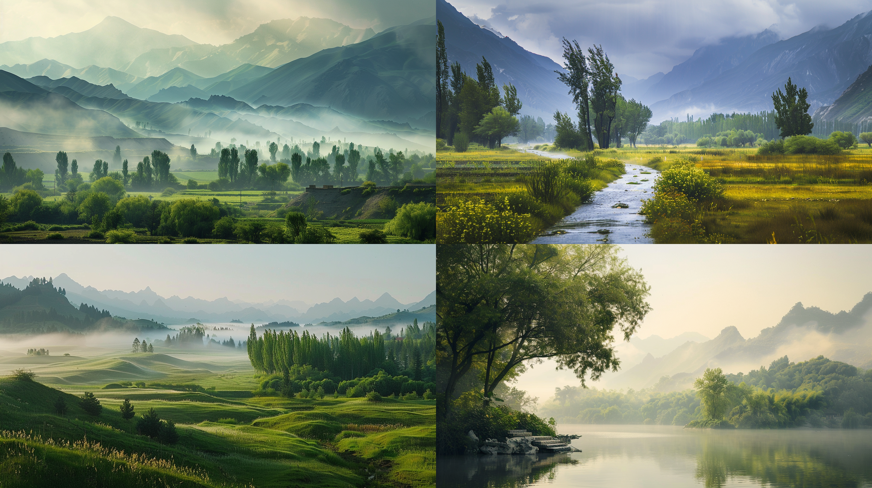 水墨画风格，夏日清晨，雨后新疆，远景构图，唯美意境，高清画质，淡雅色彩，湿润氛围，宁静表情，长焦镜头，柔和光线，自然元素，清凉感受。