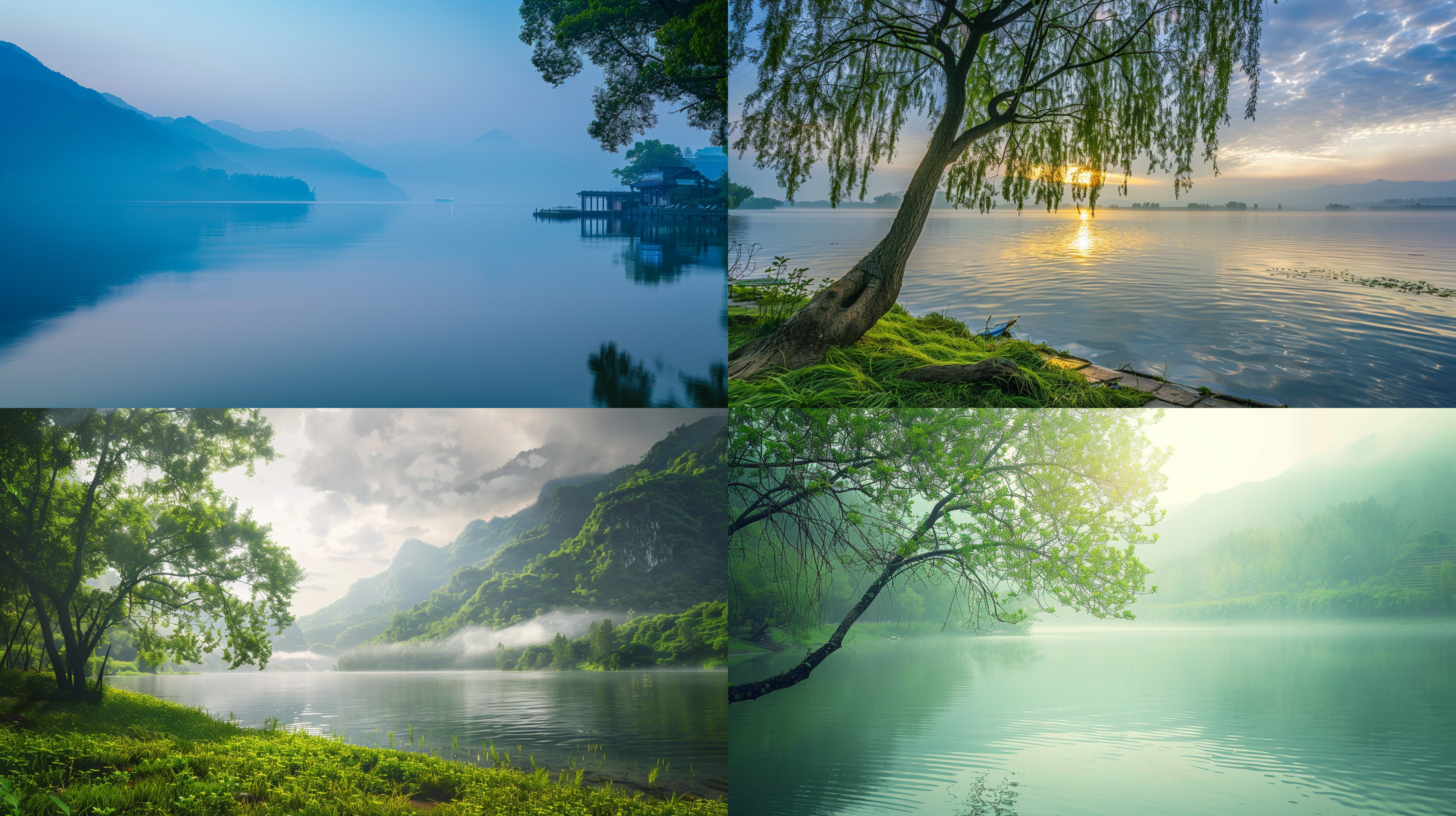夏日清凉，江南清晨，雨后湖畔，远景，柔和光线，真实风景，唯美意境，高清画质
