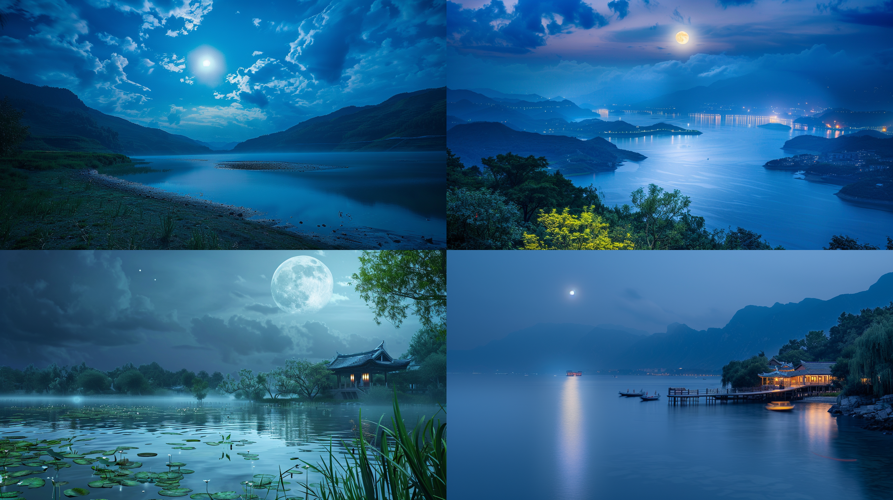 夏日清凉，江南夜景，雨后湖畔，明月高空，远景，柔和光线，真实风景，唯美意境，高清画质