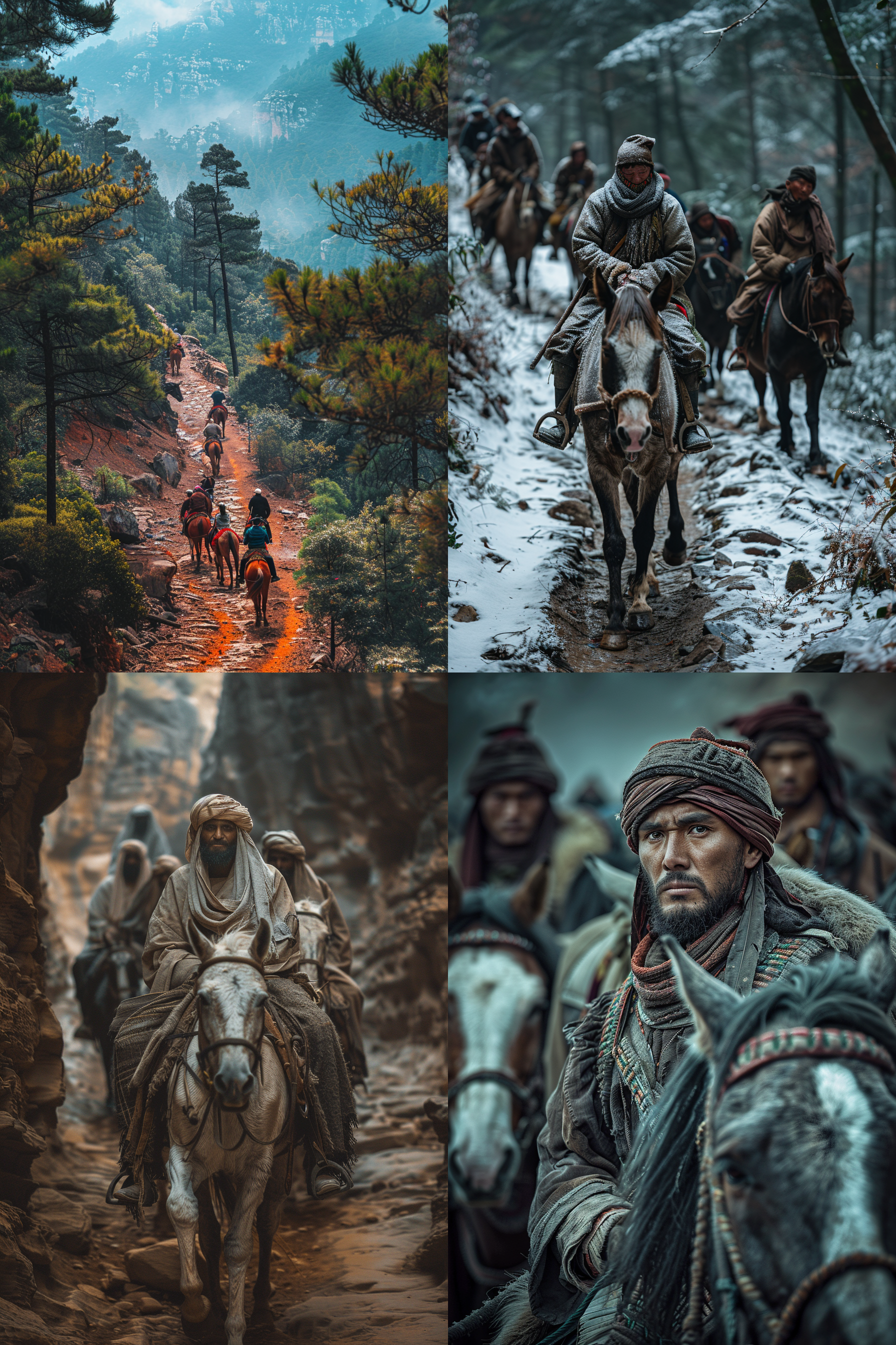 茶马古道，崎岖山路上，马帮行进，传统服饰，坚毅表情，远景，自然光，长焦镜头，细节清晰，古朴色调，历史感。