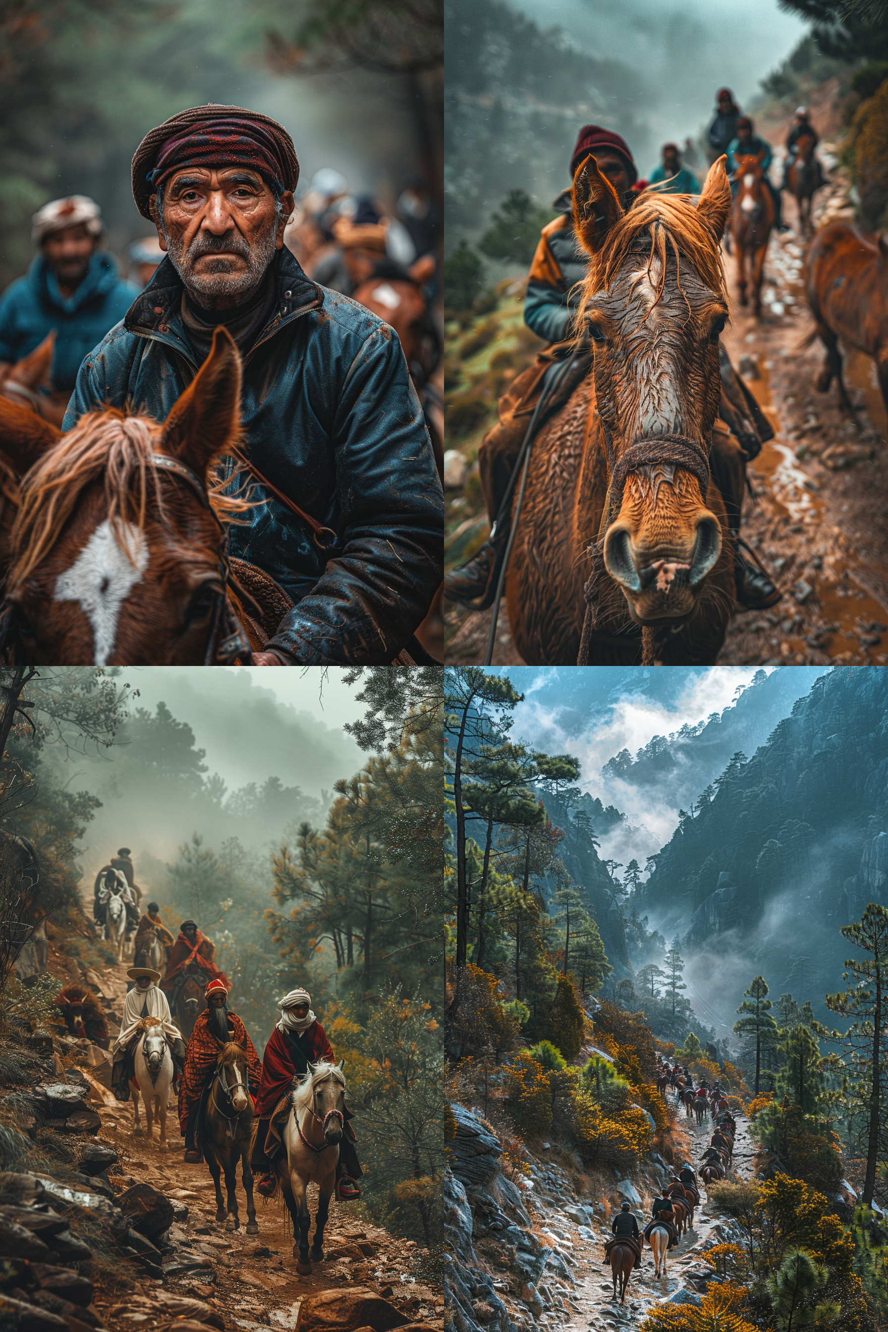 茶马古道，崎岖山路上，马帮行进，传统服饰，坚毅表情，远景，自然光，长焦镜头，细节清晰，古朴色调，历史感。
