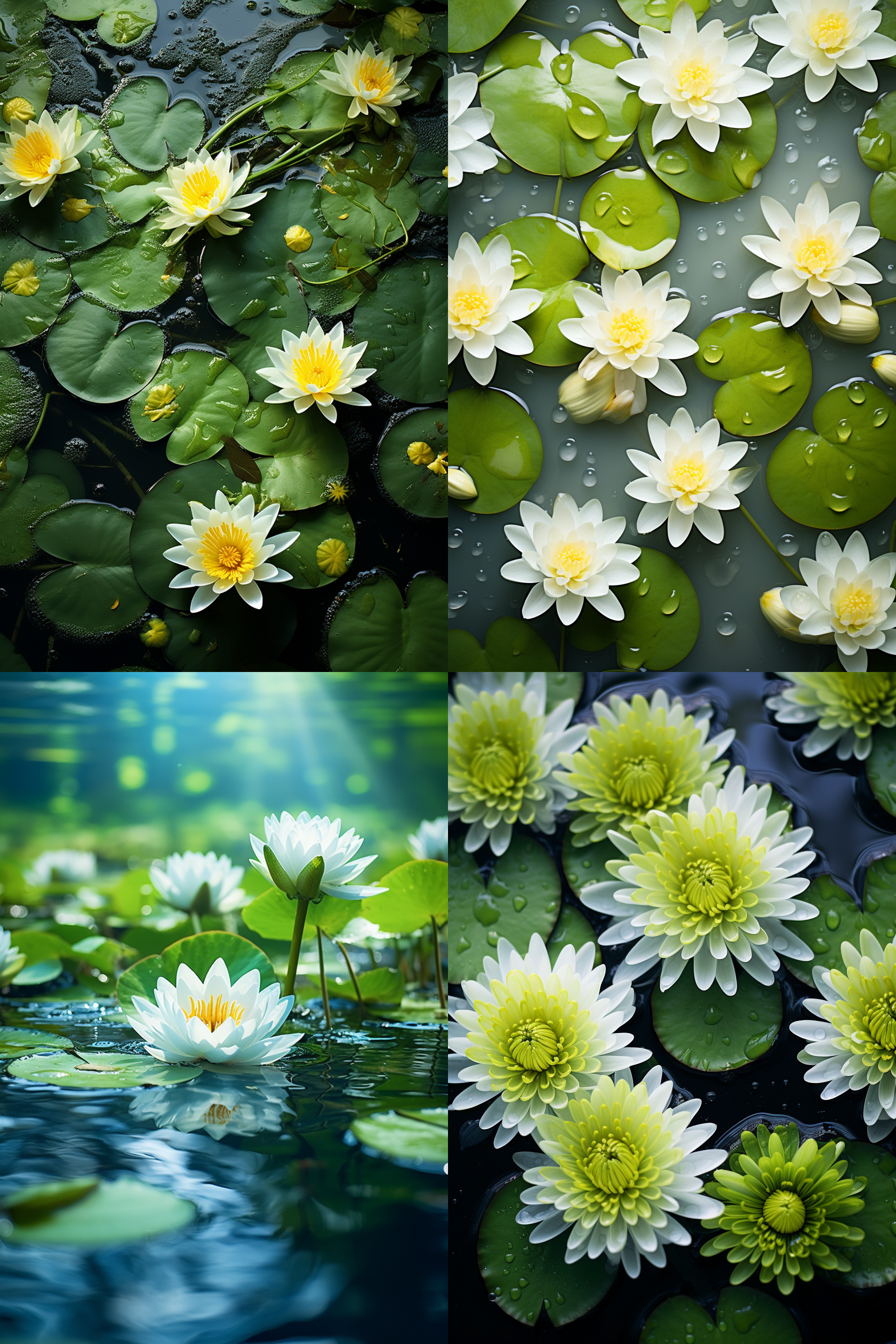 水中荷叶荷花，对称构图，超高清，水下视角，微距镜头，柔和光线，静谧，清新，生机。