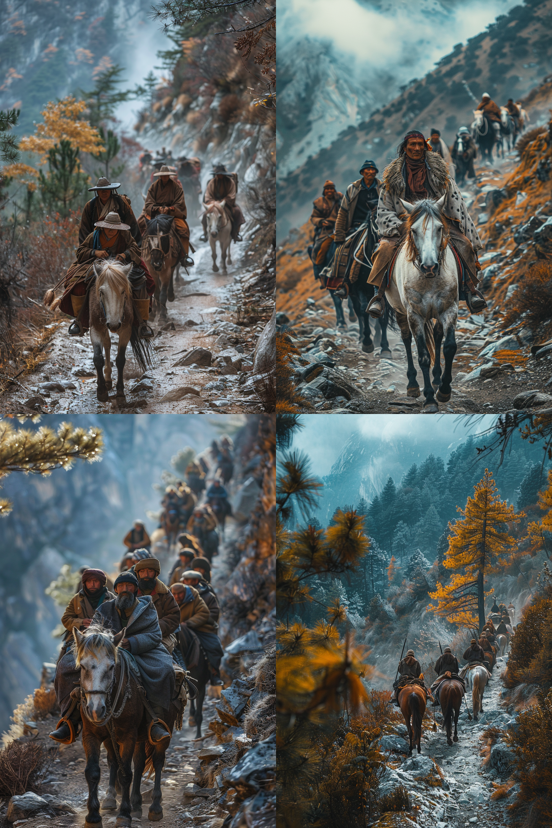 茶马古道，崎岖山路上，马帮行进，传统服饰，坚毅表情，远景，自然光，长焦镜头，细节清晰，古朴色调，历史感。