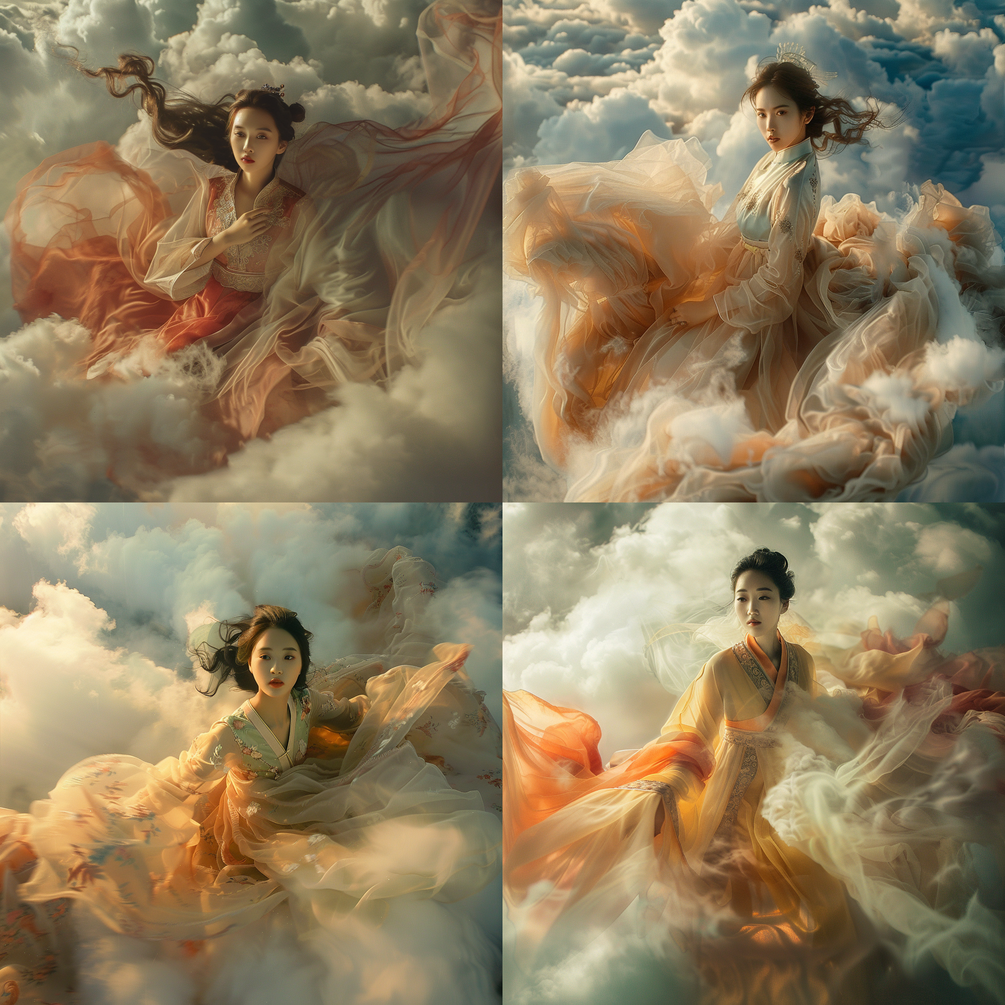 亚洲女性高空飞行，看向镜头，飘逸汉服，云雾缭绕，裙子与云融合，空中俯瞰，广角镜头，柔和光线，动态模糊，仙境般，宁静，神秘。