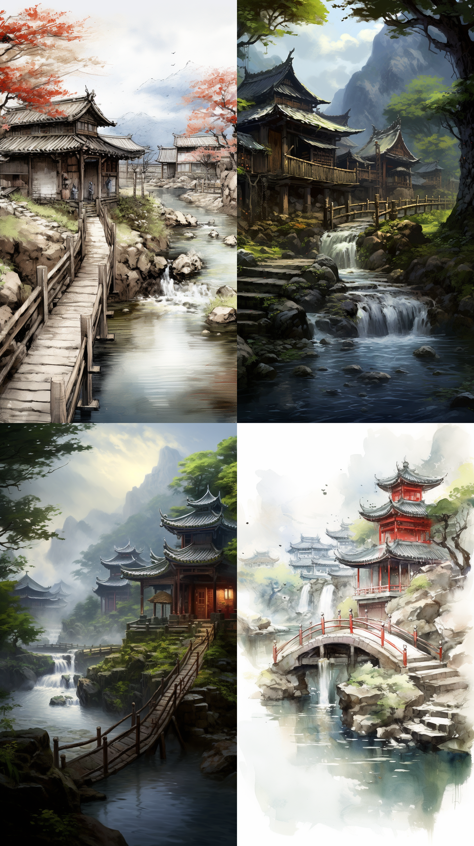 小桥，流水，人家，中国风，素描