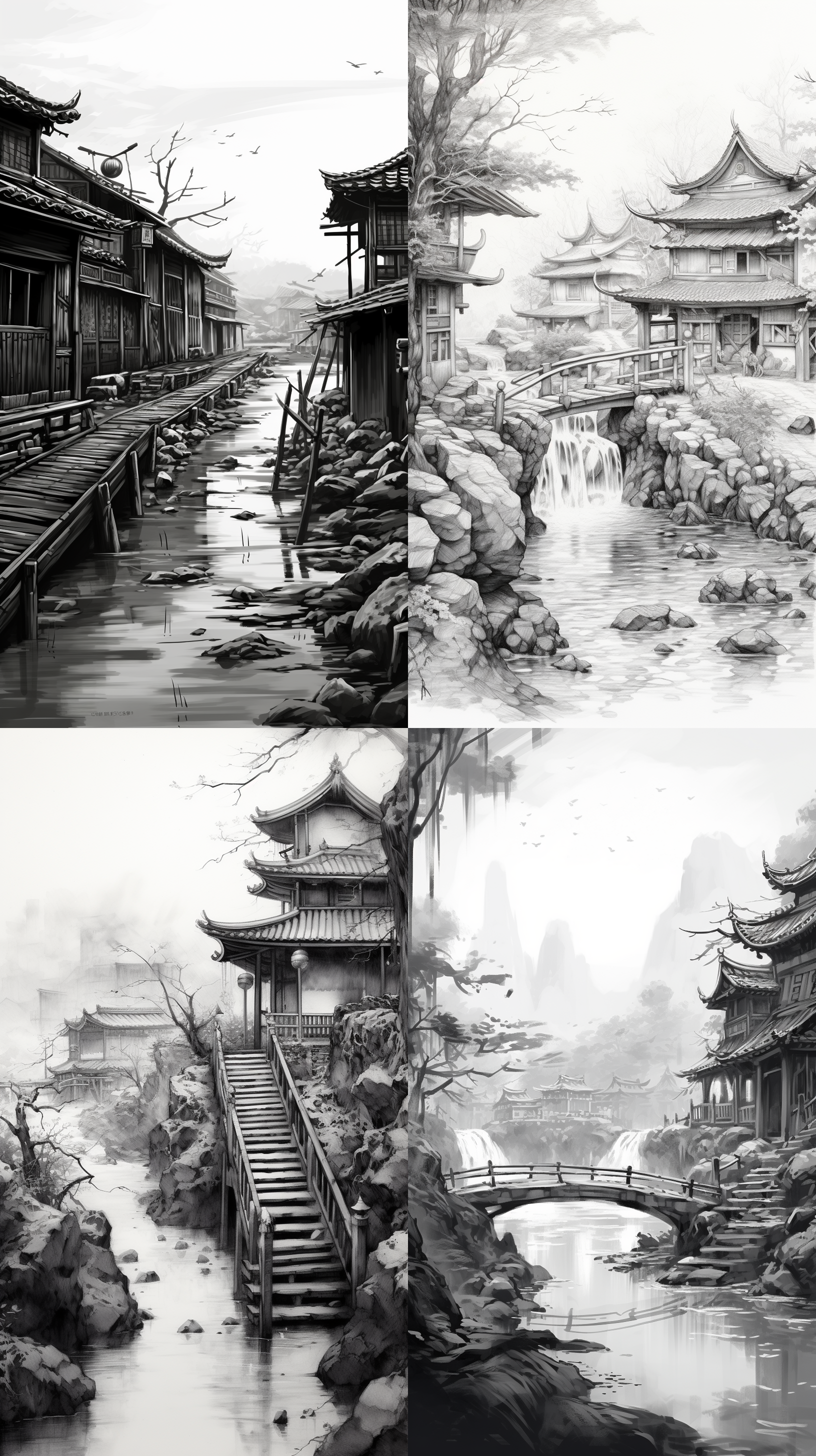 小桥，流水，人家，中国风，素描，黑白