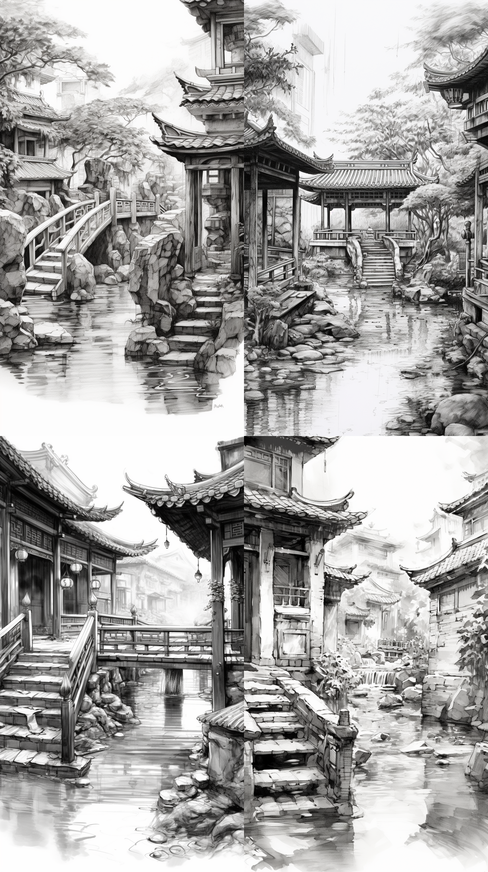 小桥，流水，院落内部实景，中国风，素描，黑白