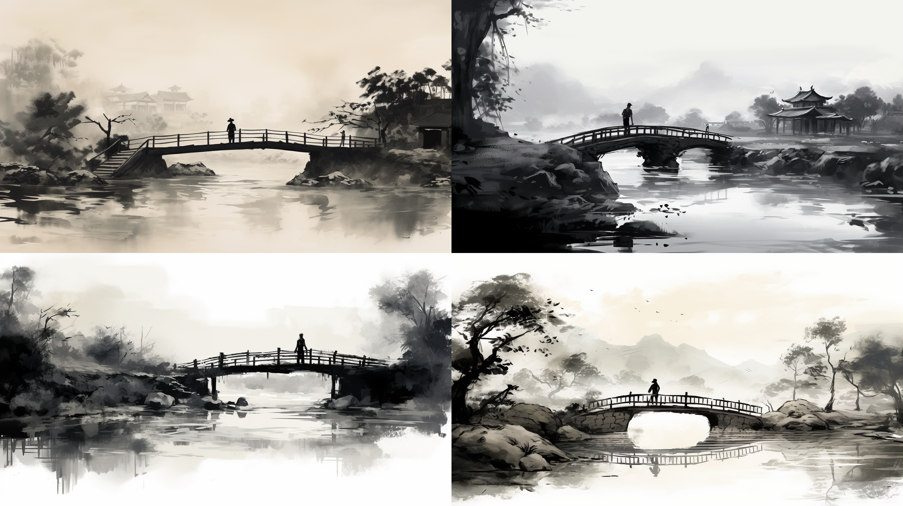 小桥流水人家，中国写生，黑白留白，简约风格，水墨画效果，桥上行人，平静表情，传统服饰，远景，长焦镜头，柔和光线，静态，宁静，淡雅。