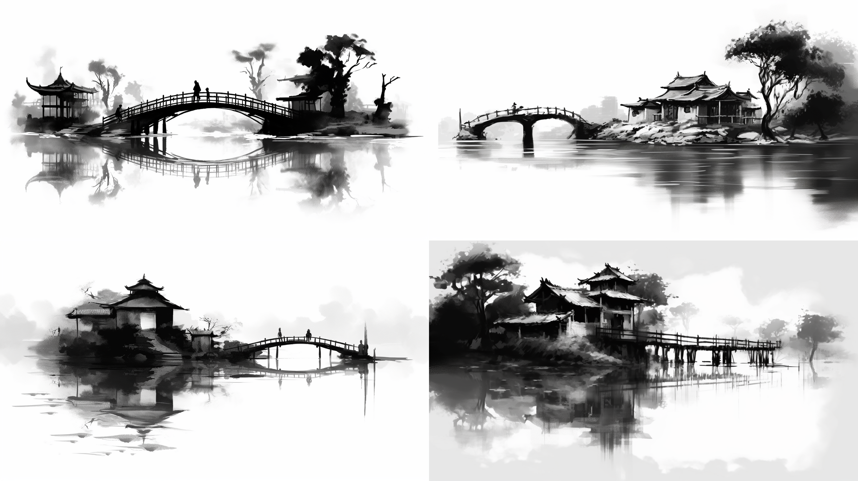 小桥，流水，人家，中国风，写生，黑白，极简，留白