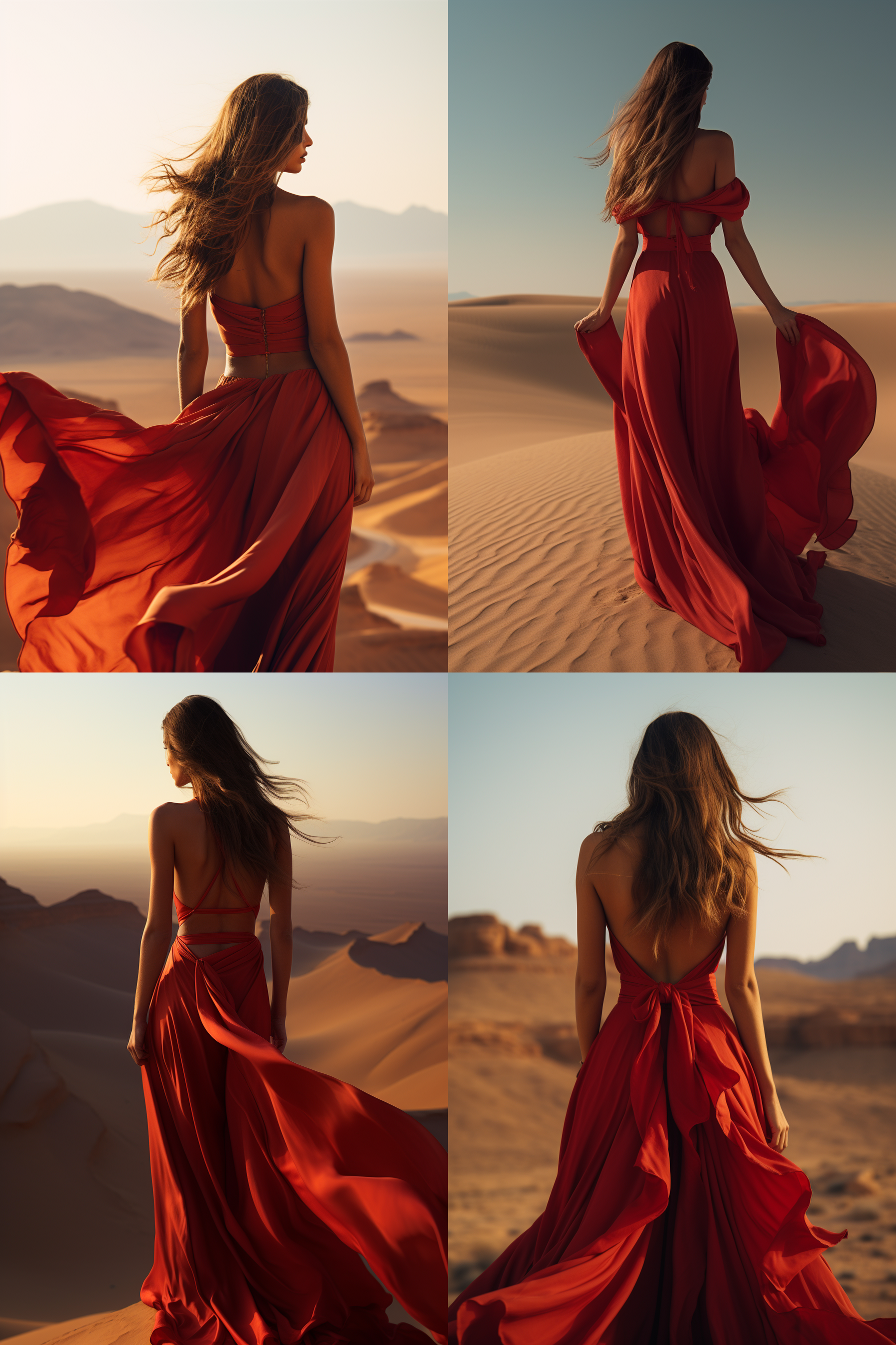 大师级摄影作品，一个女人，长发，沙漠，微风，红色露肩长裙，红色丝带，背对镜头，8k