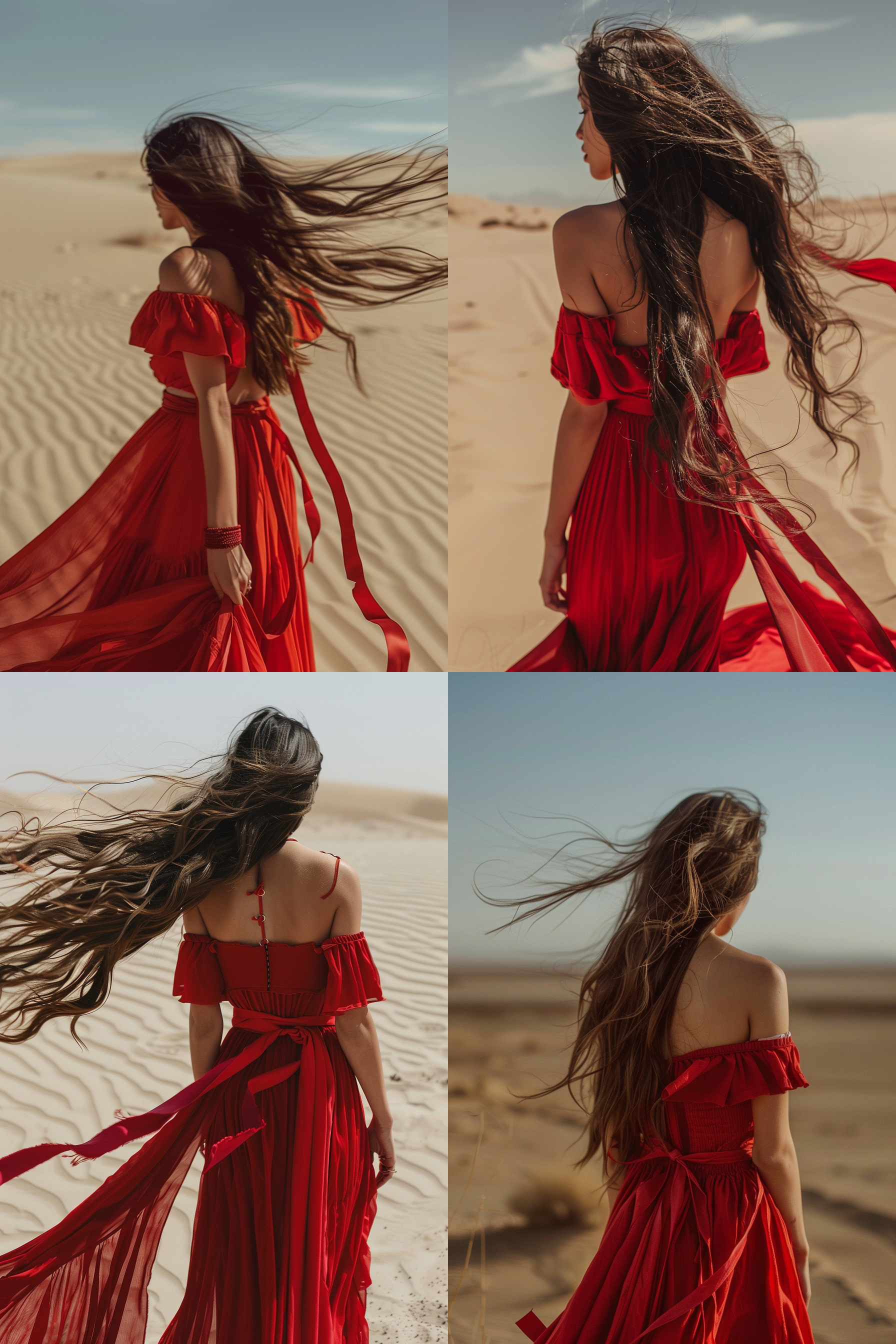 大师级摄影作品，一个女人，长发，沙漠，微风，红色露肩长裙，红色丝带，背对镜头，8k