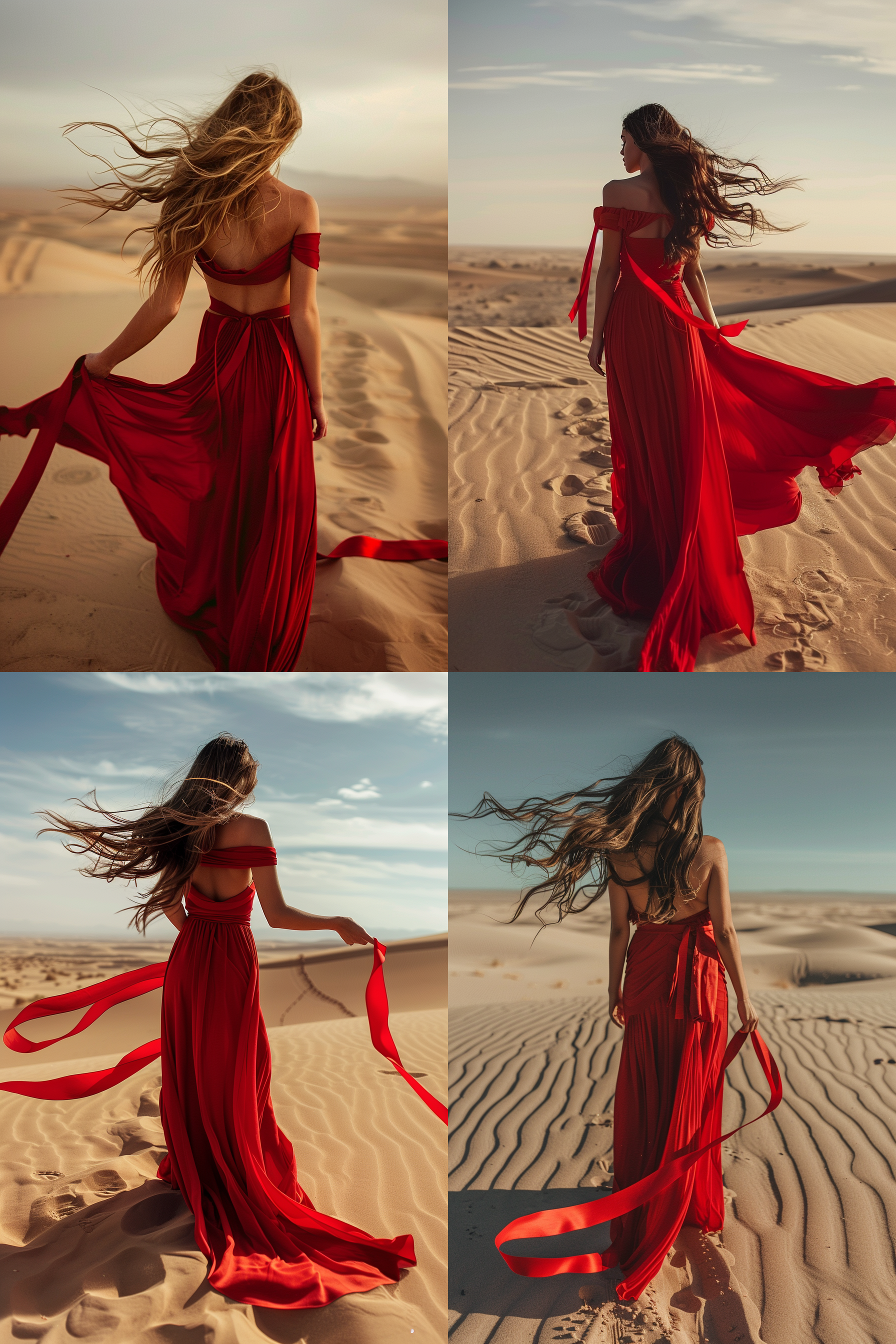 大师级摄影作品，一个女人，长发，沙漠，微风，红色露肩长裙，红色丝带，长焦镜头，背对镜头，8k