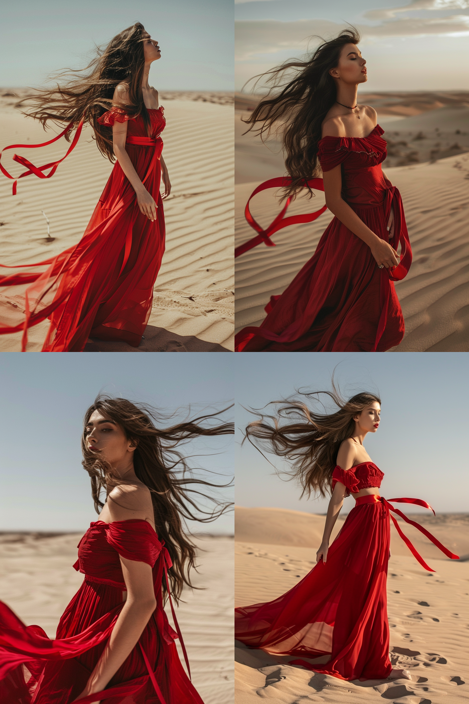 大师级摄影作品，一个女人，长发，沙漠，微风，红色露肩长裙，红色丝带，长焦镜头，测面拍摄，8k
