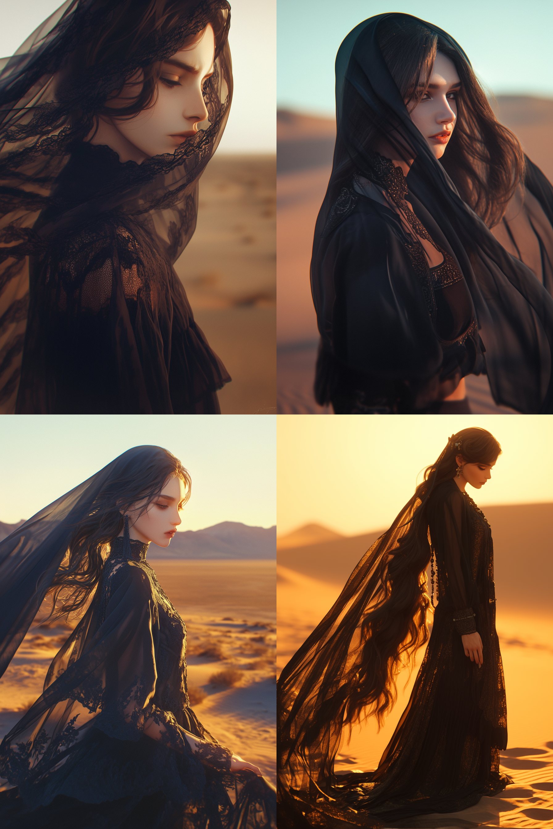 大师级摄影作品，一个阿拉伯女人，长发，沙漠，微风，黑色长裙，黑色面纱，长焦镜头，测面拍摄，8k